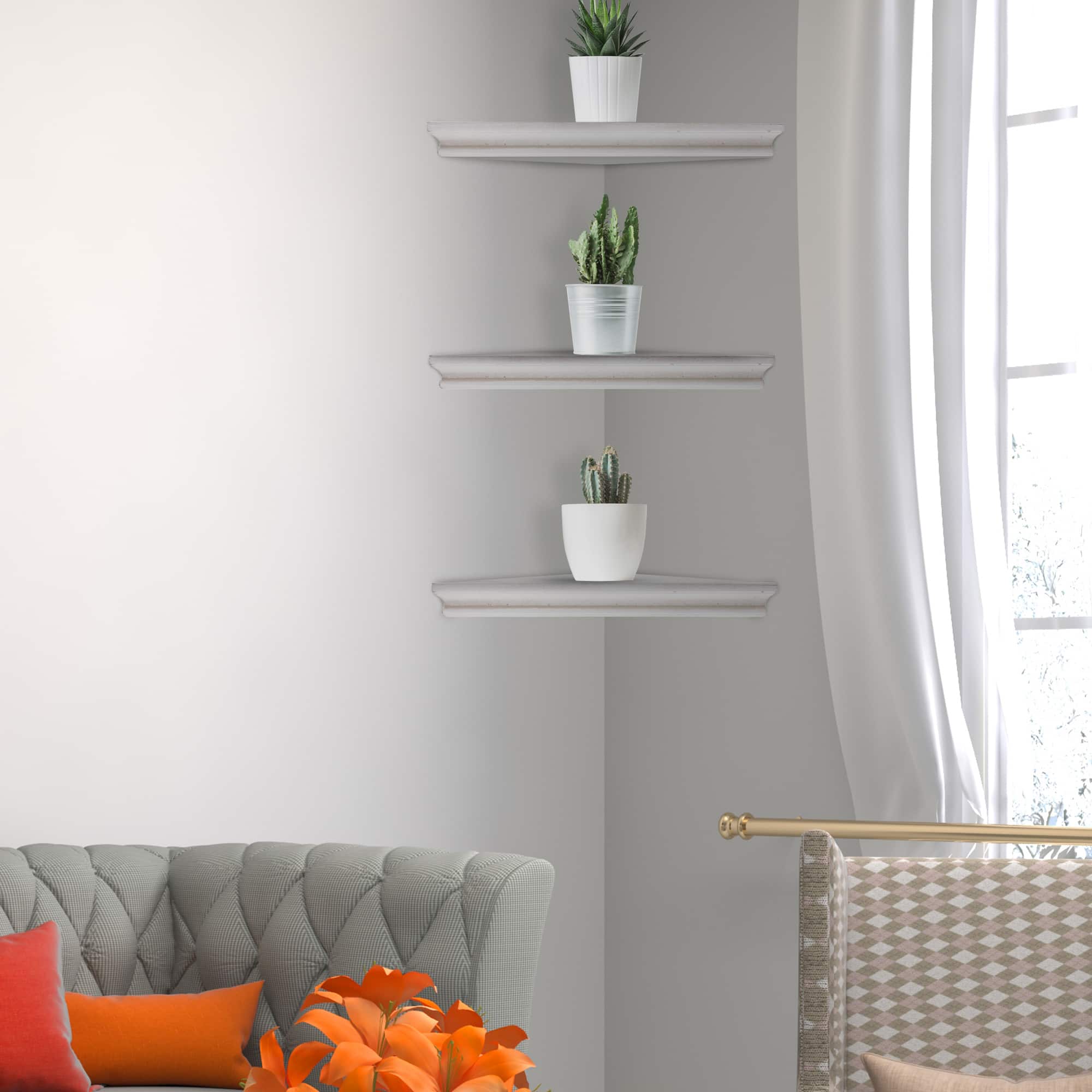 White Floating Beveled Corner Shelves Set