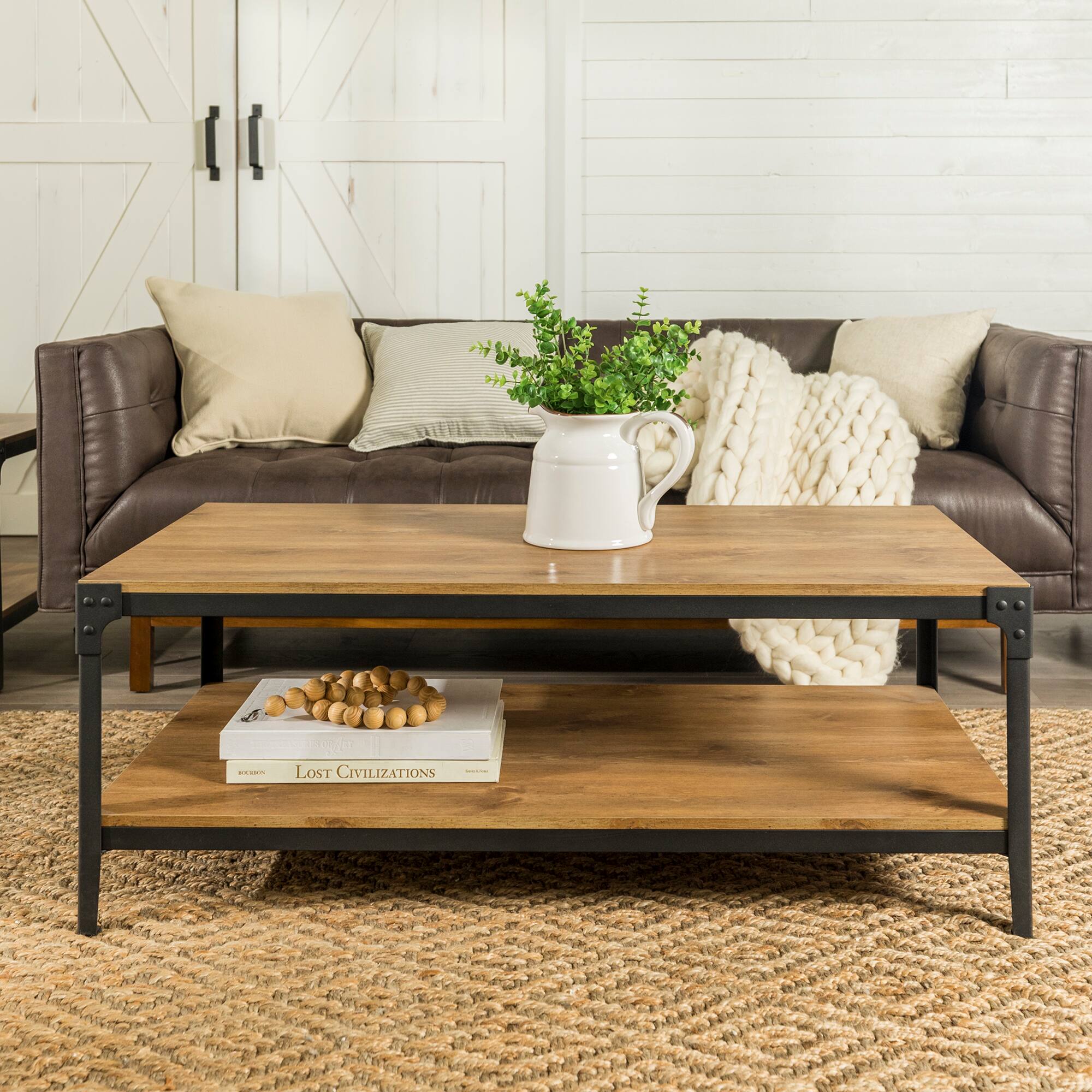 Walker Edison 48" Barnwood Angle Iron Coffee Table