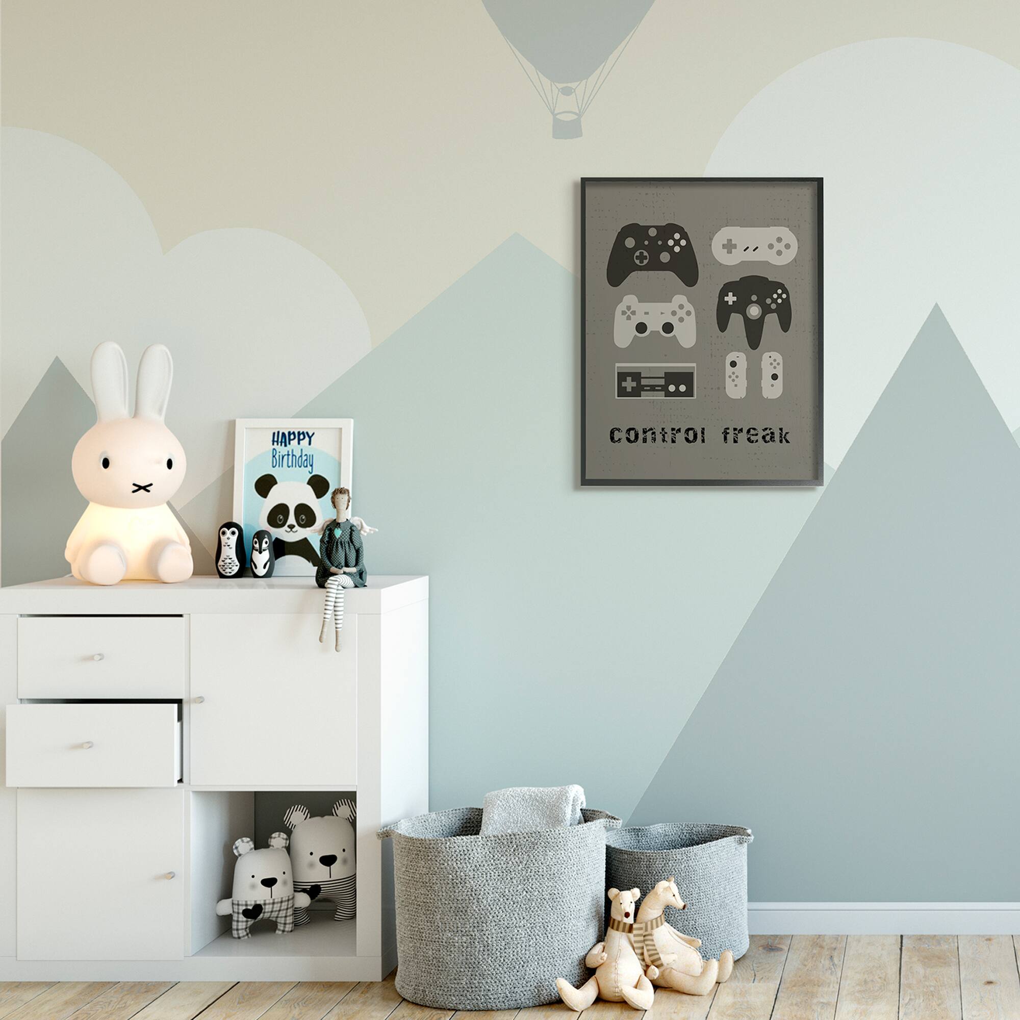 Stupell Industries Control Freak Distressed Pattern Black Grey Controllers in Black Frame Wall Art