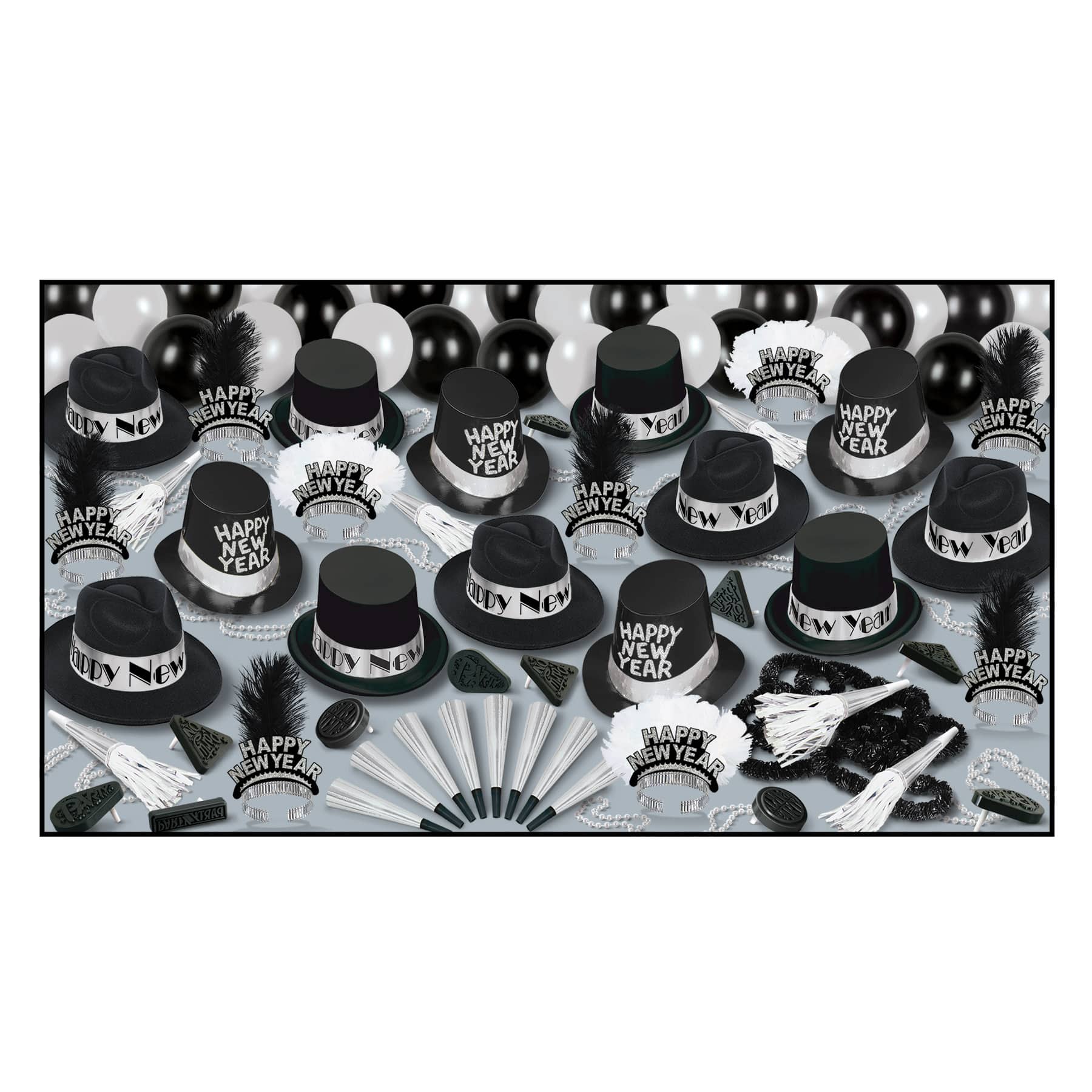 Beistle Silver, White & Black New Year Grand Deluxe Party Favor Kit for 50