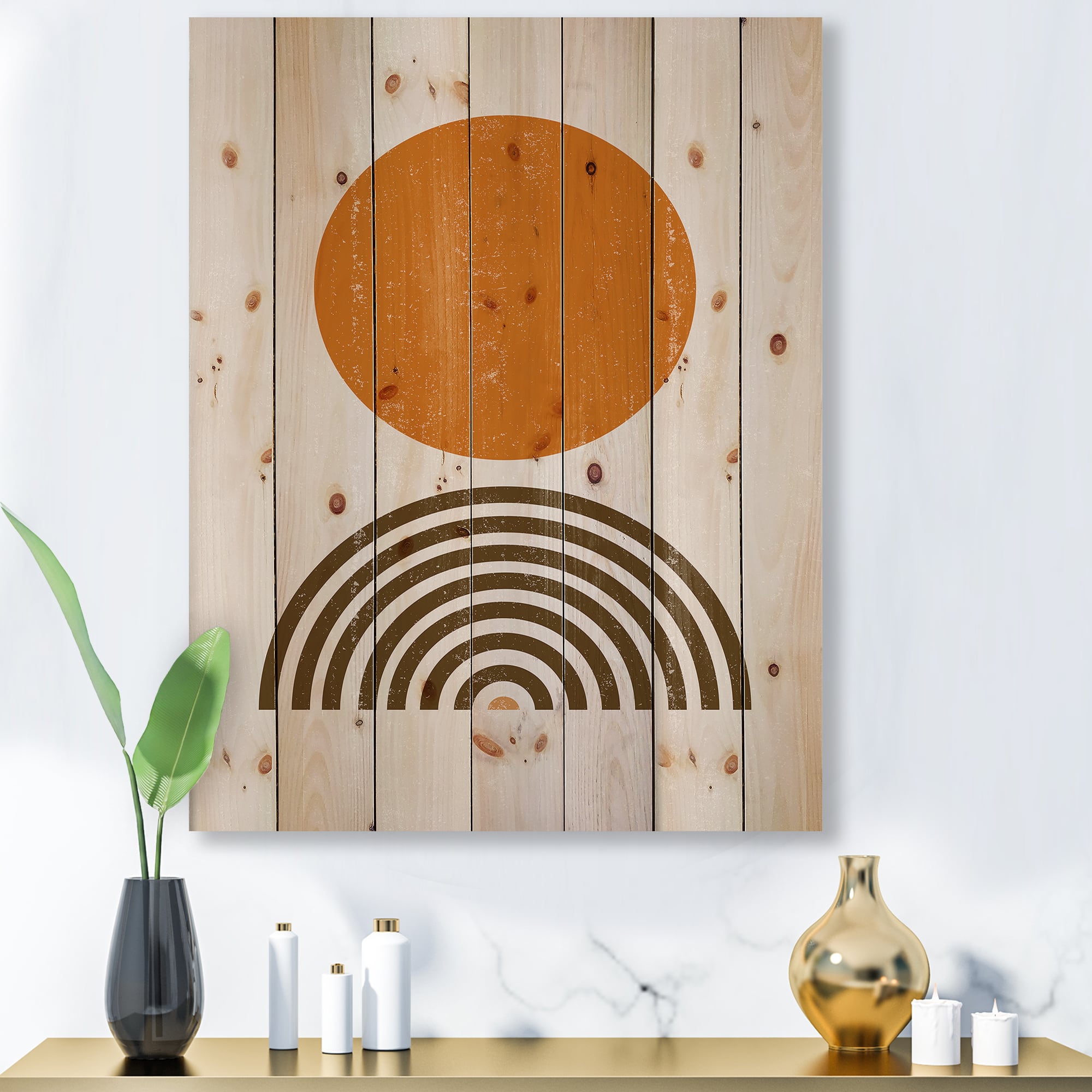 Designart - Abstract Minimal Orange Sun and Rainbow I