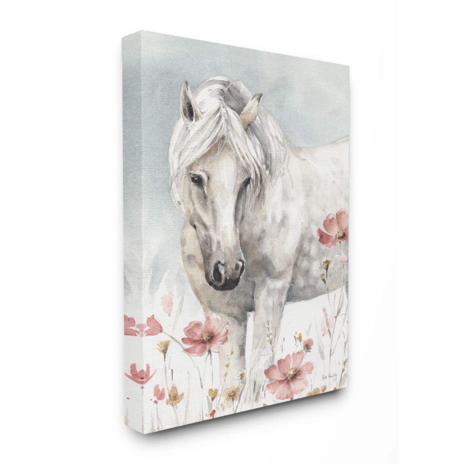 Stupell Industries Beautiful Horse Pink Flower Animal Watercolor Canvas Wall Art