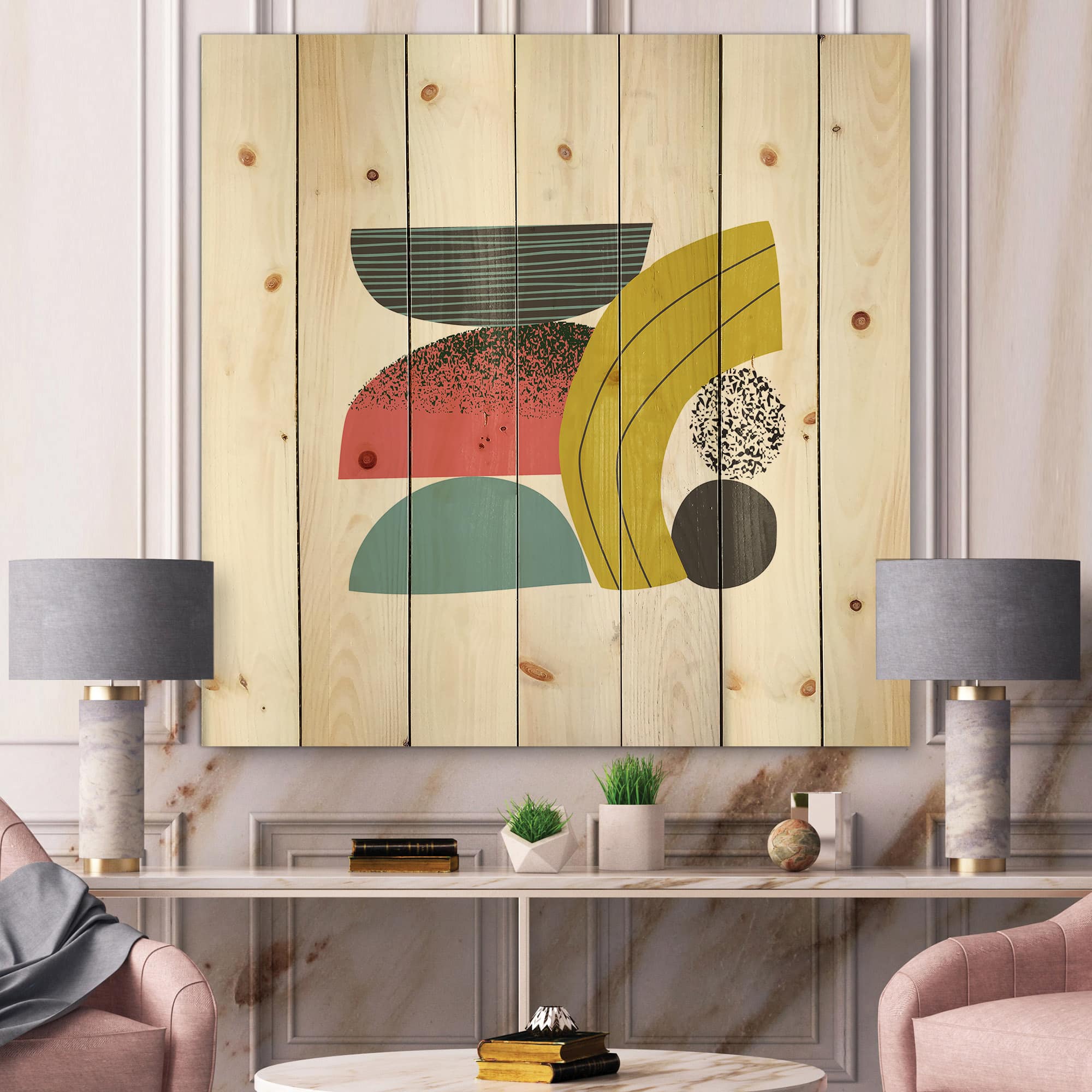 Designart - Colorful Geometric Abstract Art Collage II - Modern Print on Natural Pine Wood