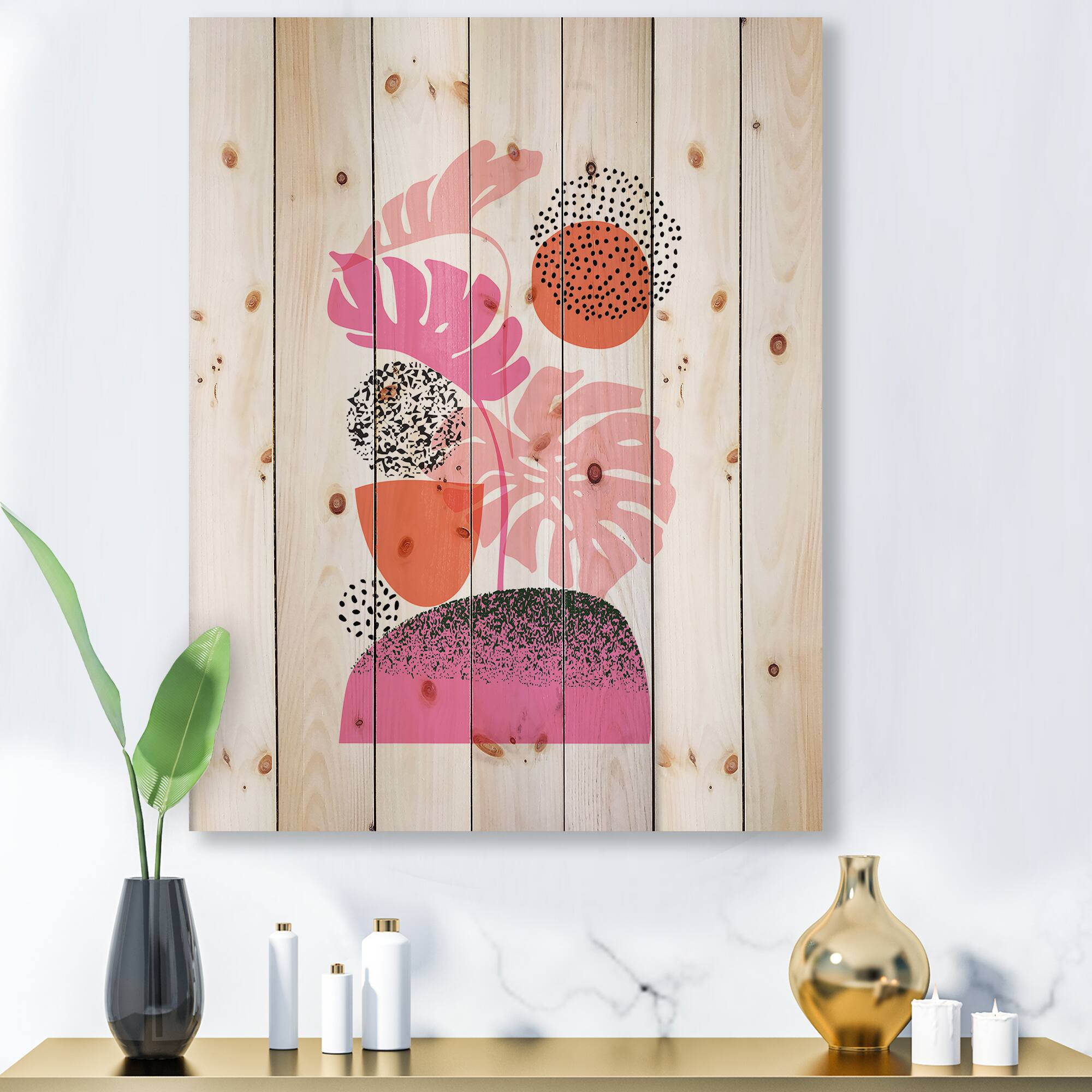 Designart - Geometric Moon & Sun Shapes With Tropical Leaves - Modern Print on Natural Pine Wood