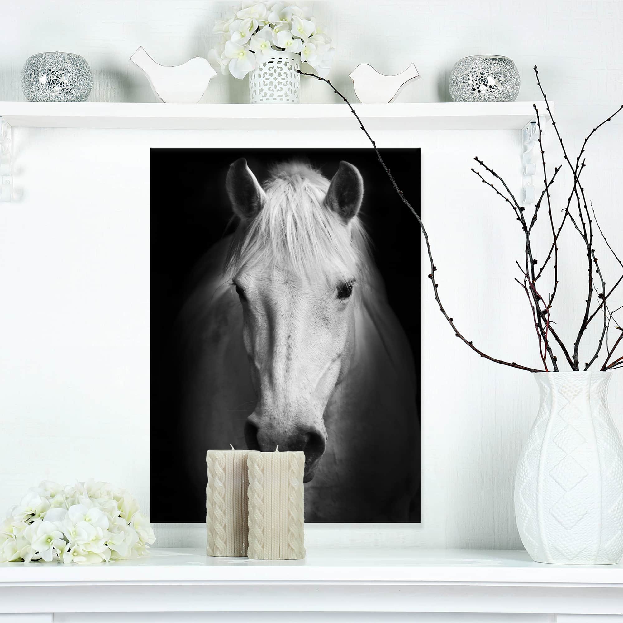 Designart - White Horse Black and White - Animal Canvas Art Print