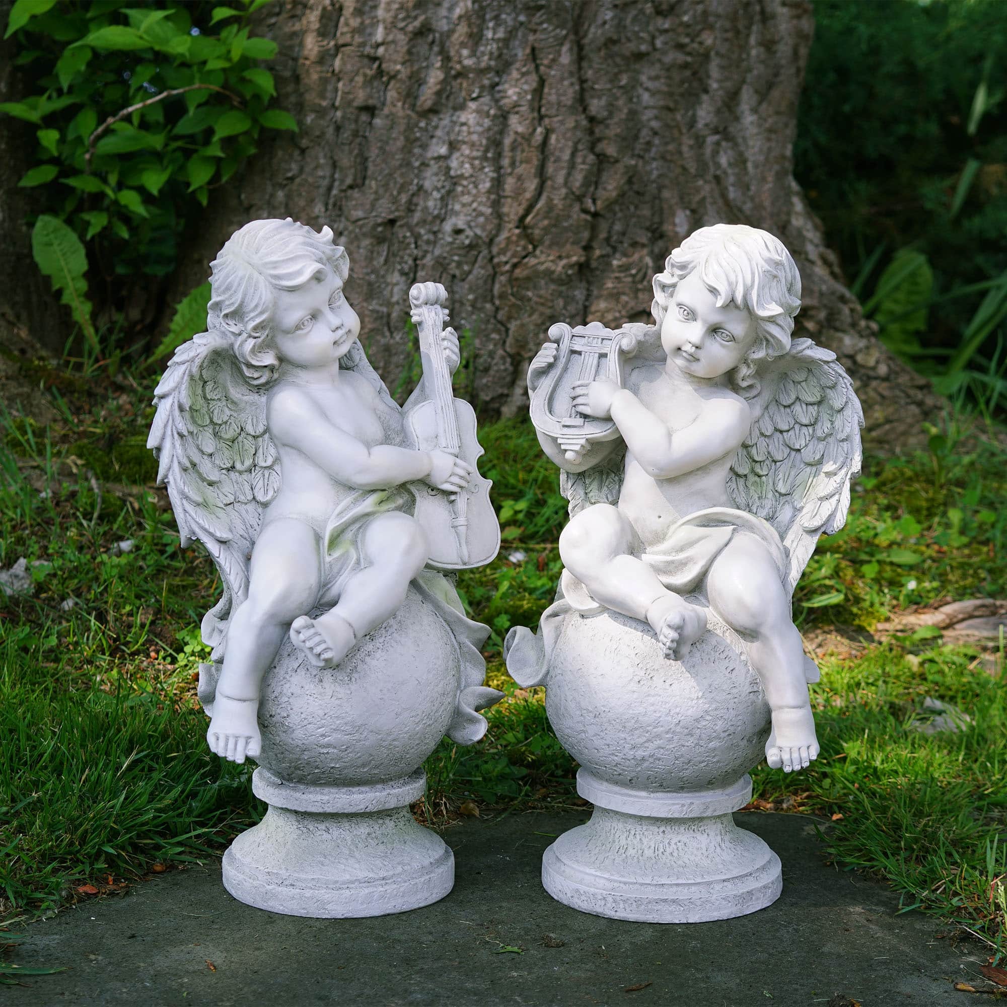 14.75" White Cherub Angels with Instruments Sitting Set on Finials Outdoor Garden Statues