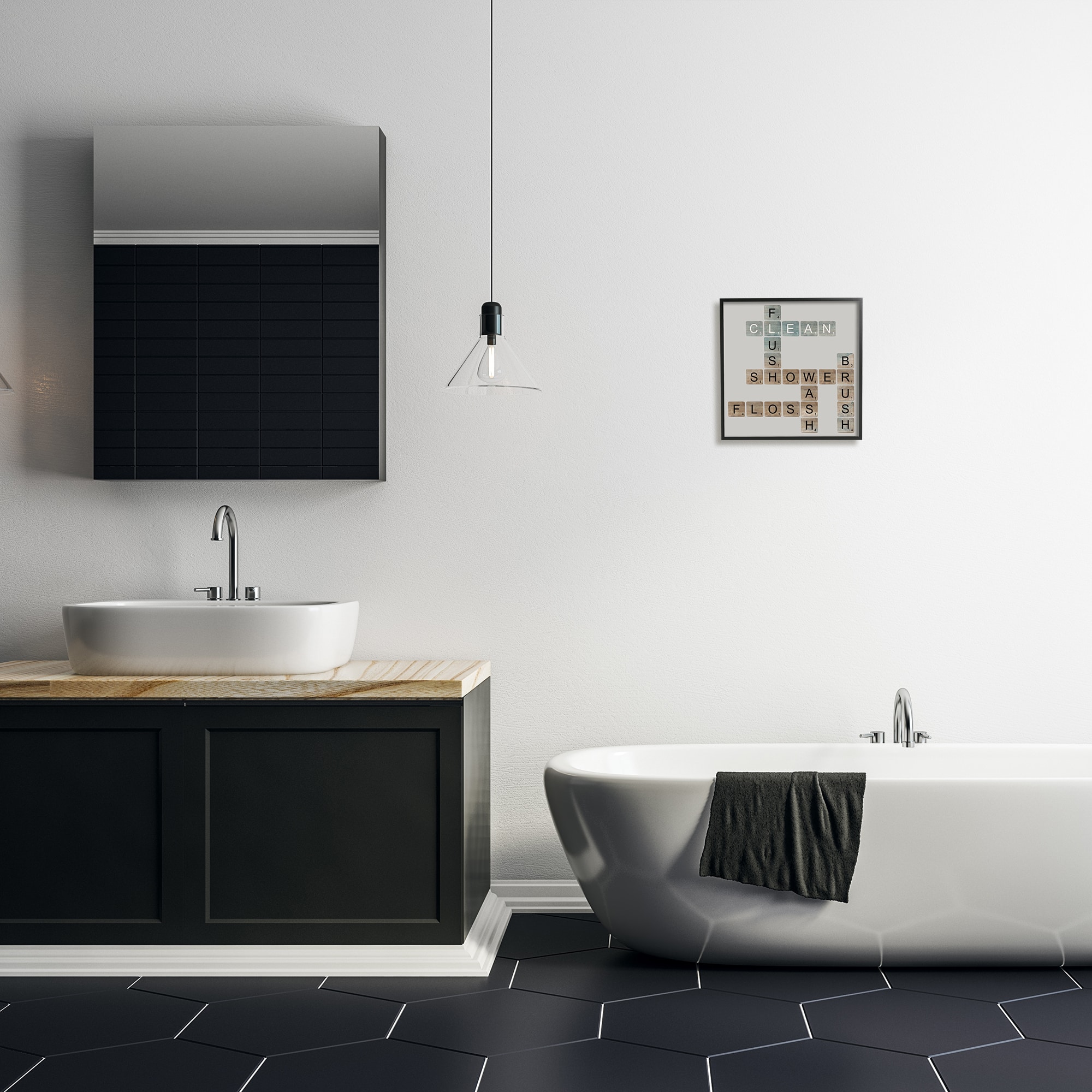 Stupell Industries Scrabble Bathroom Illustration in Black Frame Wall Art