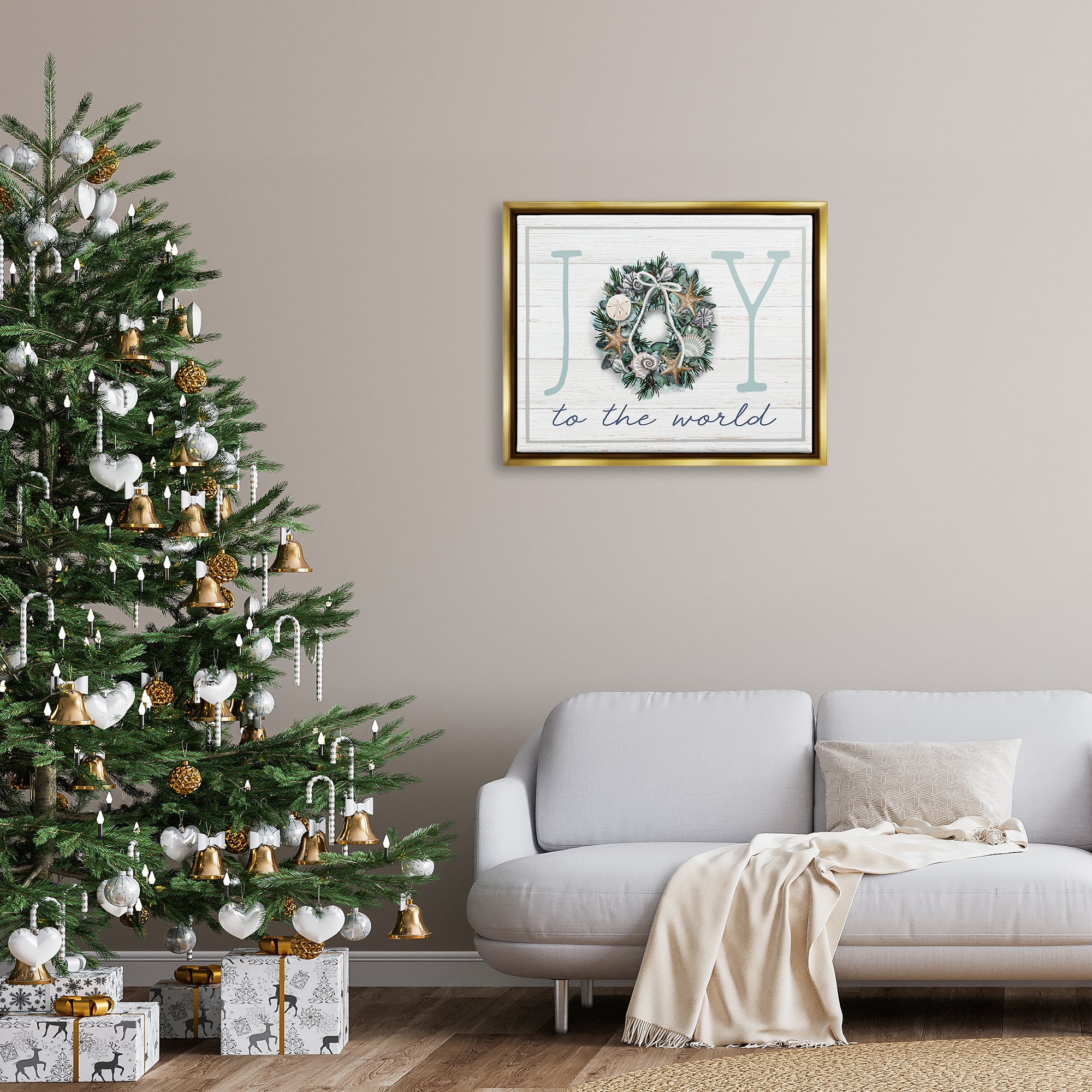 Stupell Industries Joy To The World Nautical Wreath Framed Floater Canvas Wall Art