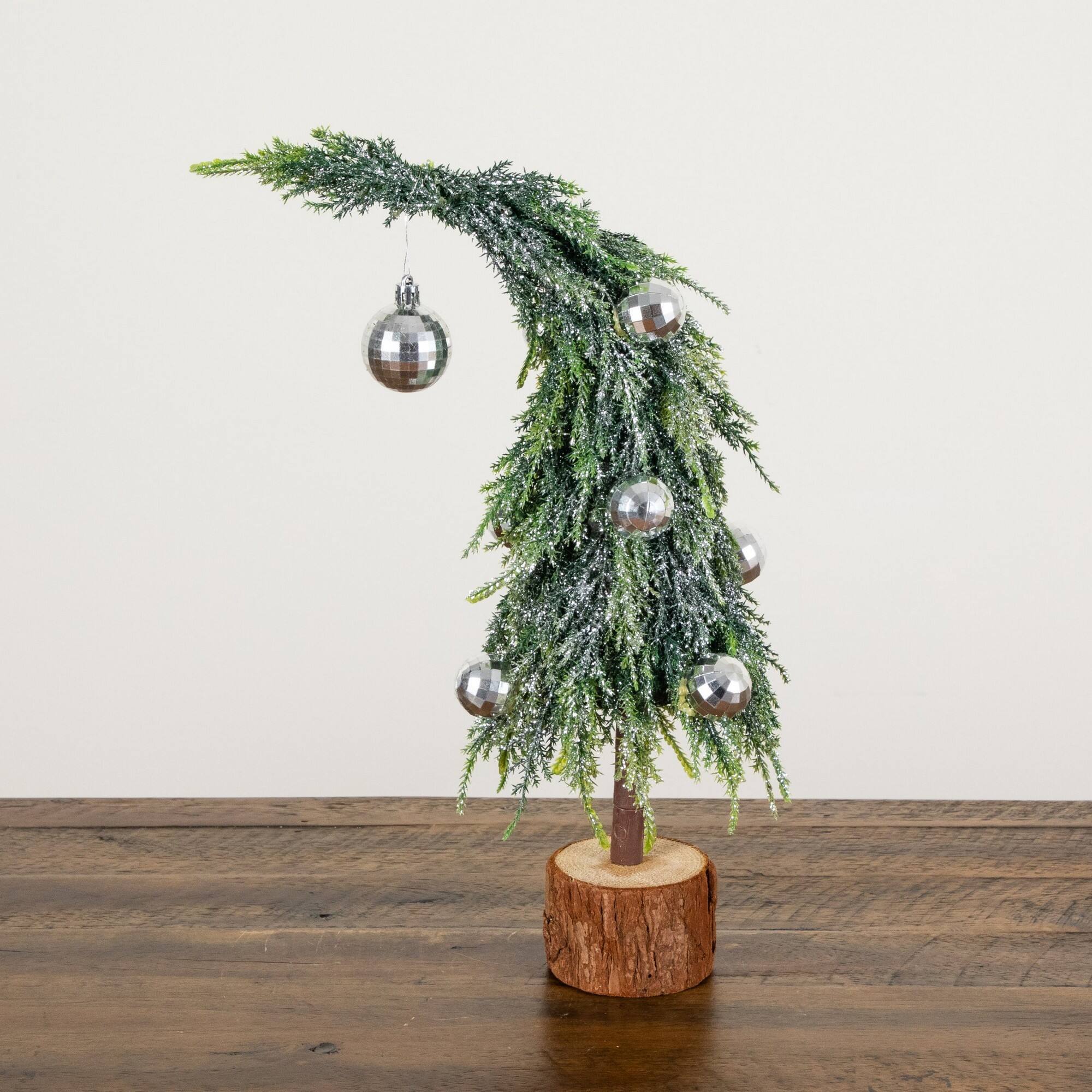 Nearly Natural 14" Unlit Artificial Snowed Santa's Hat Christmas Tree with Ornaments in Wooden Trunk Base