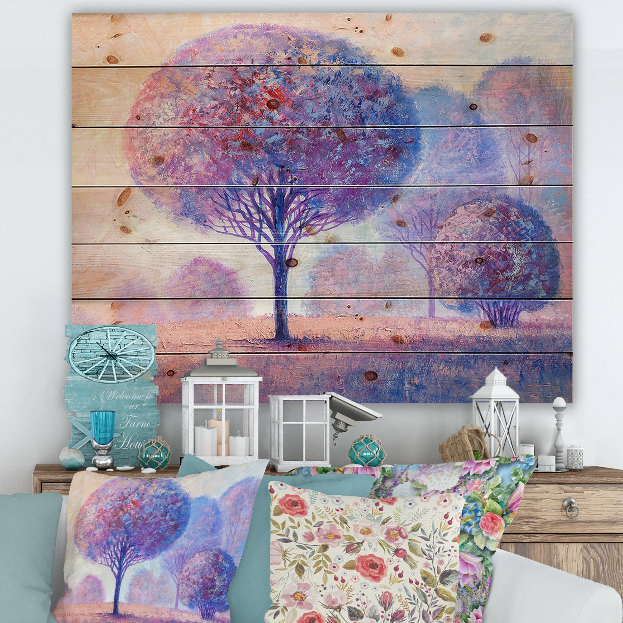Designart - Colourful Trees Impression II - Traditional Print on Natural Pine Wood