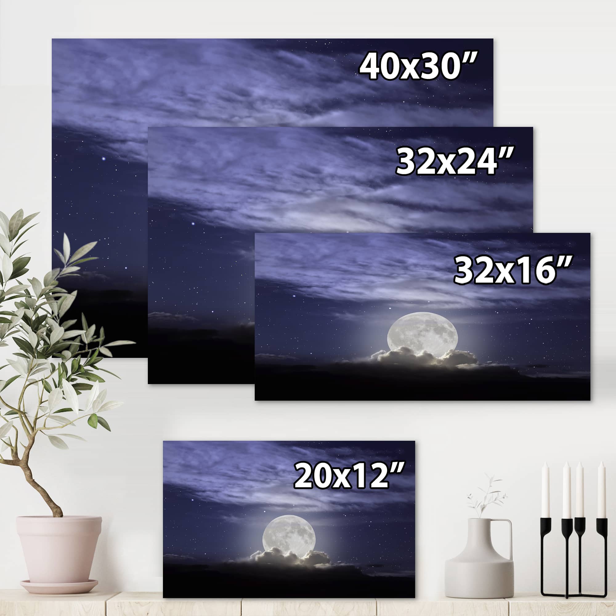 Designart - Full Moon Rising In A Cloudy Night - Nautical & Coastal Canvas Wall Art Print