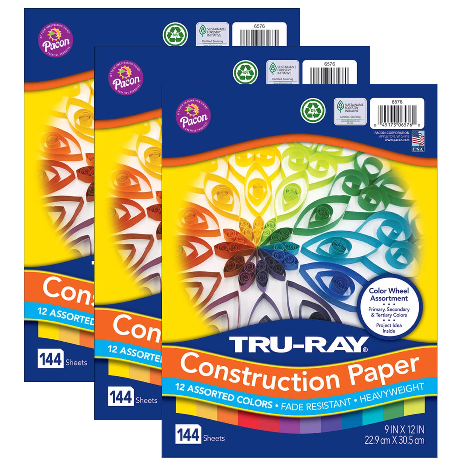 Tru-Ray® Color Wheel Assortment Heavyweight Construction Paper, 9" x 12", 3 Packs of 144
