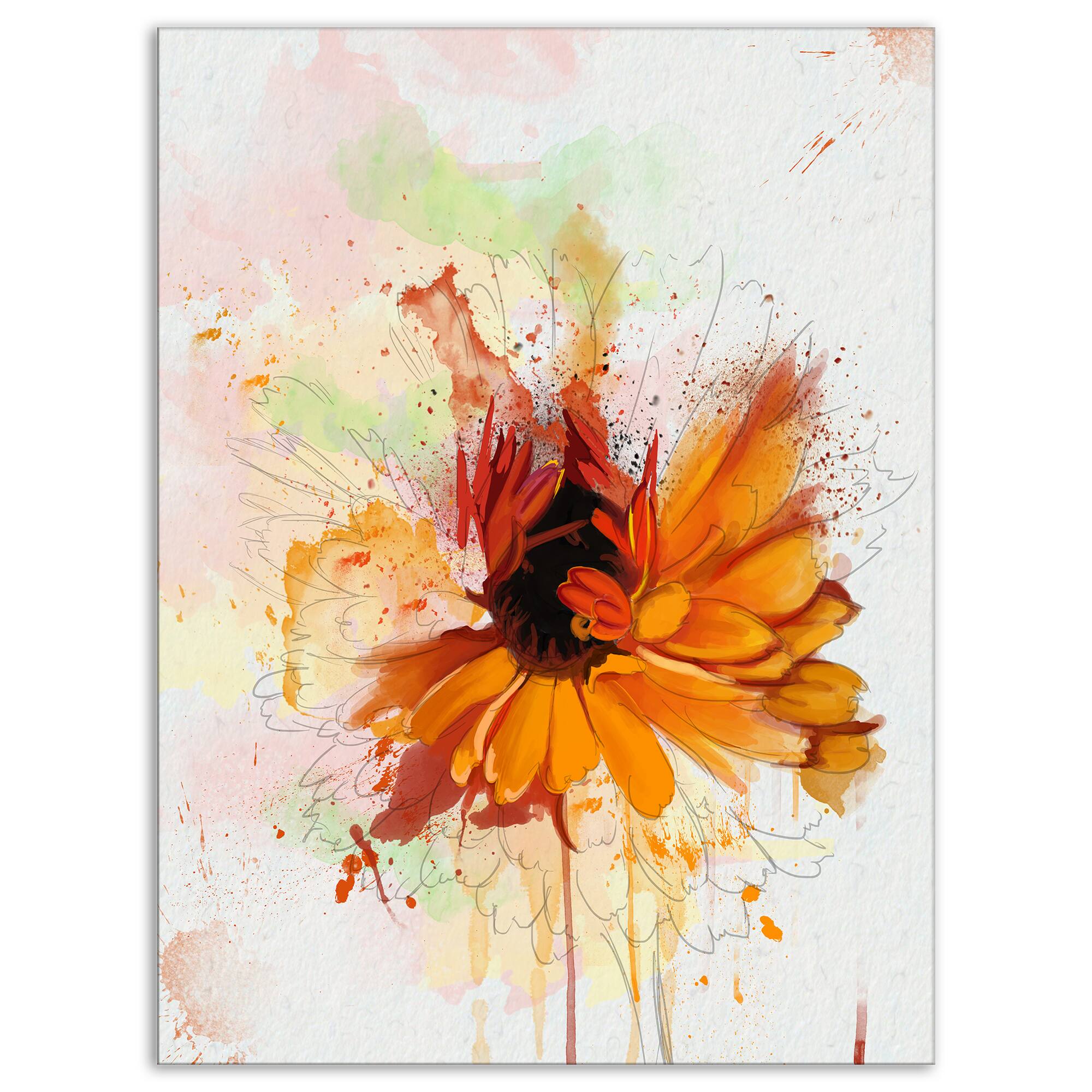 Designart - Sunflower Drawing with Paint Splashes - Floral Canvas Art Print