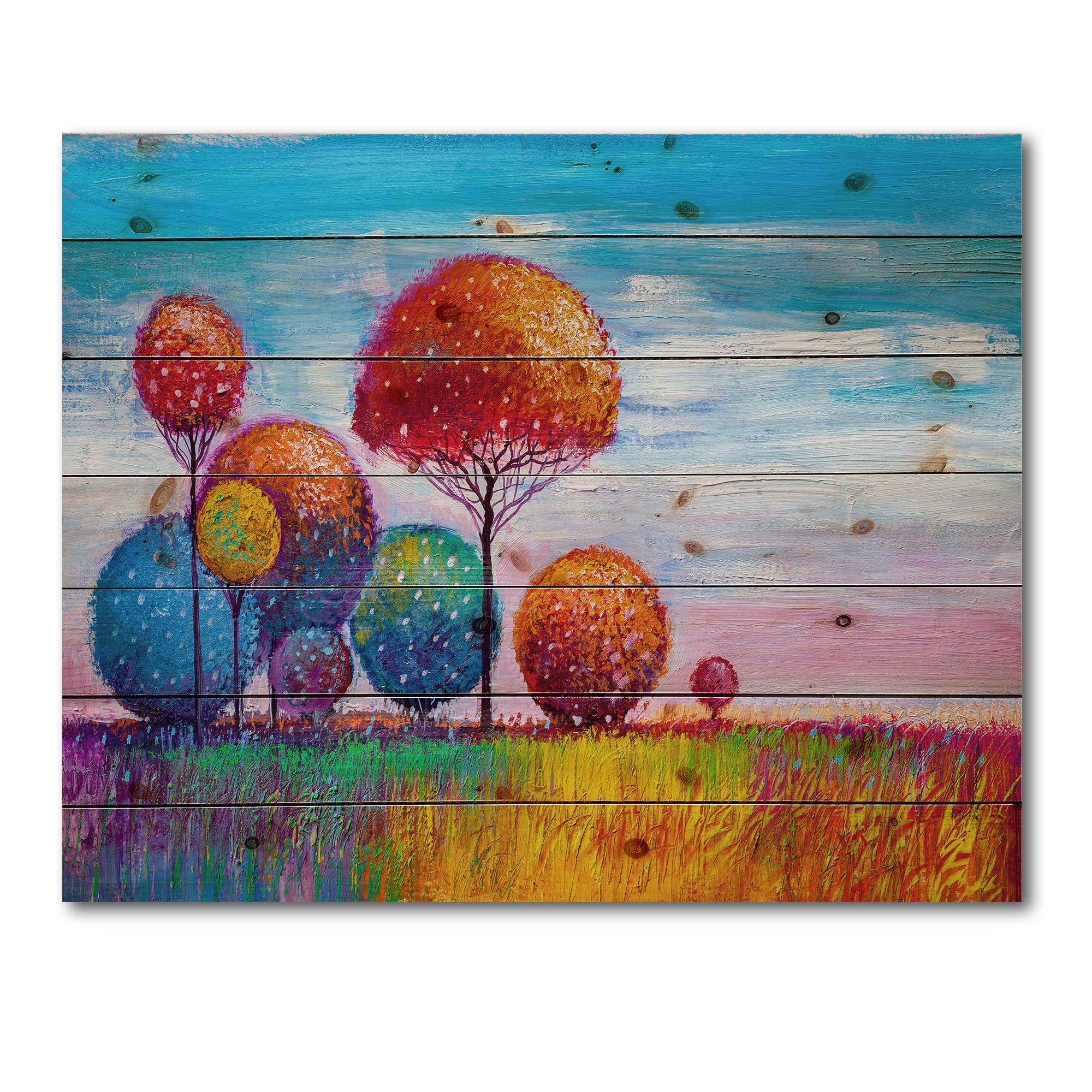 Designart - Colourful Ornamental Trees IX - Modern Print on Natural Pine Wood