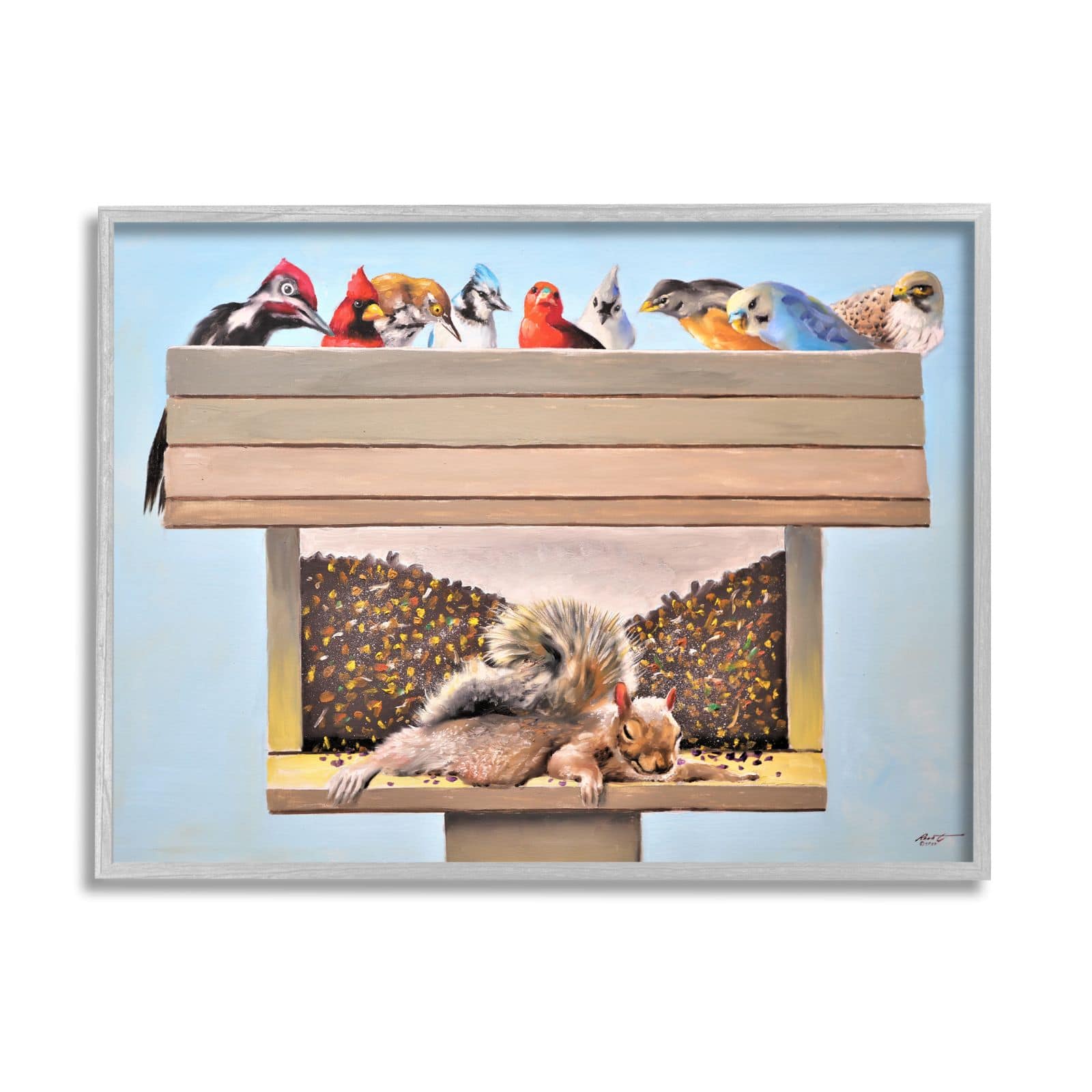 Stupell Industries Squirrel Sleeping Crowded Bird Feeder Funny Backyard Animals Framed Wall Art