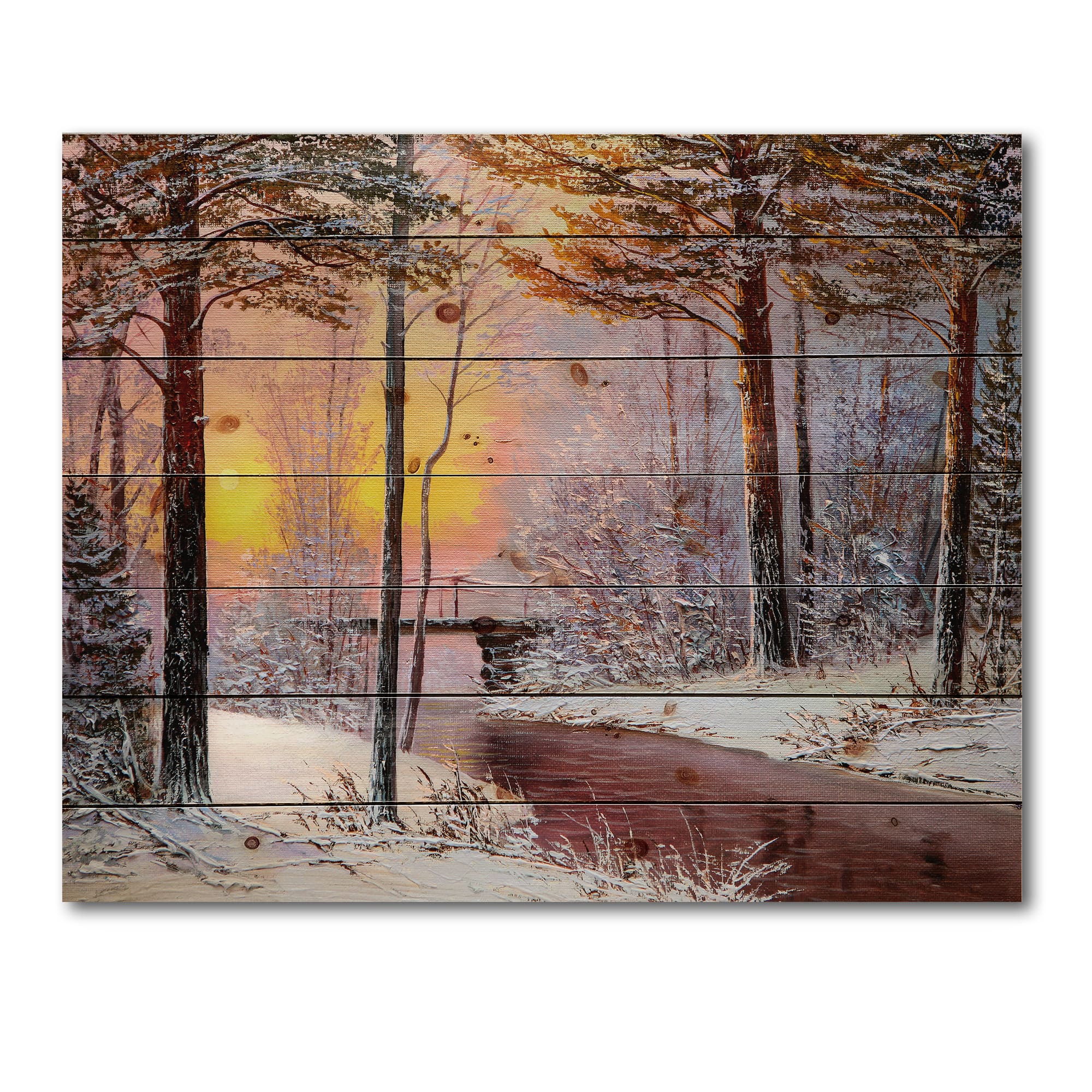 Designart Christmas Forest with River & Trees IV Print on Natural Pine Wood