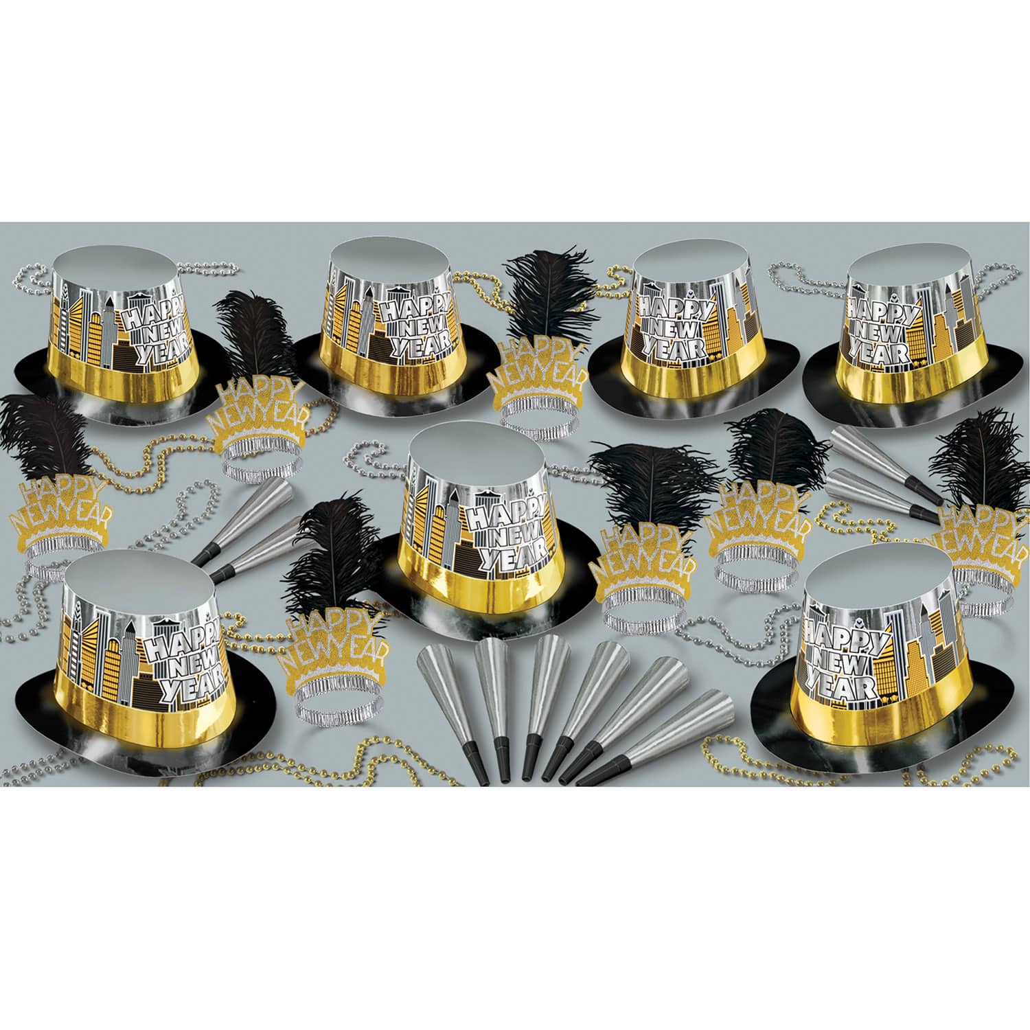 Beistle Silver, Gold & Black New Year Toast of the Town Party Favor Kit for 50