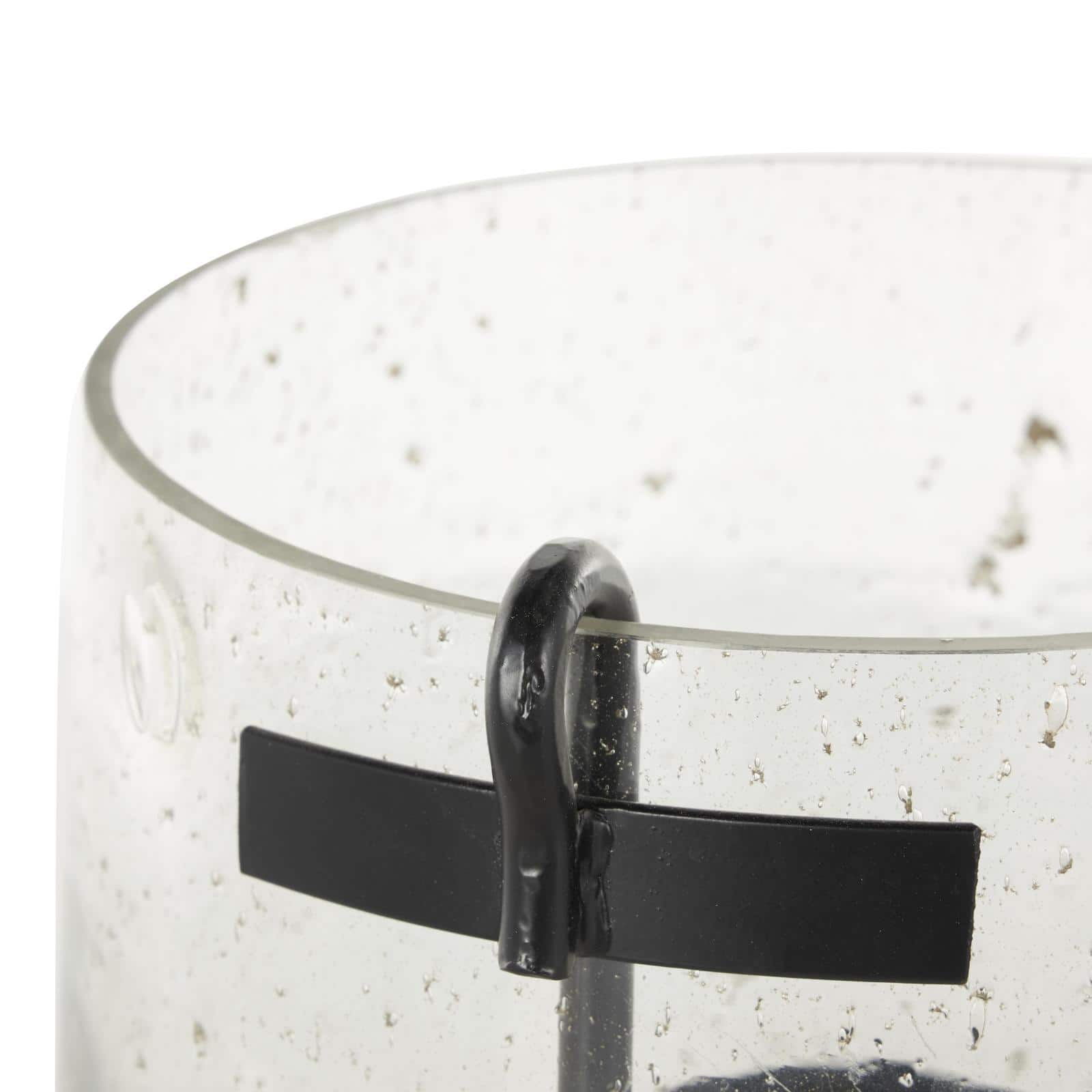 10.25" Clear Glass Candle Holder with Black Metal Accents and Brown Speckles