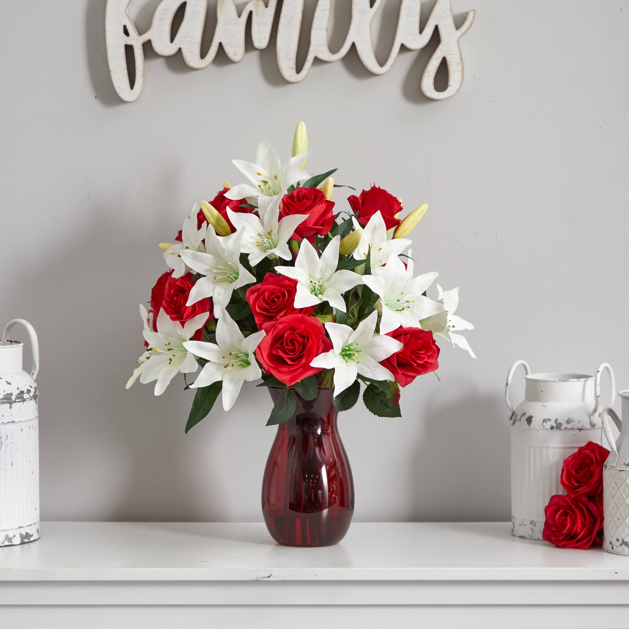 21" Red Roses & White Lilies Arrangement in Red Vase