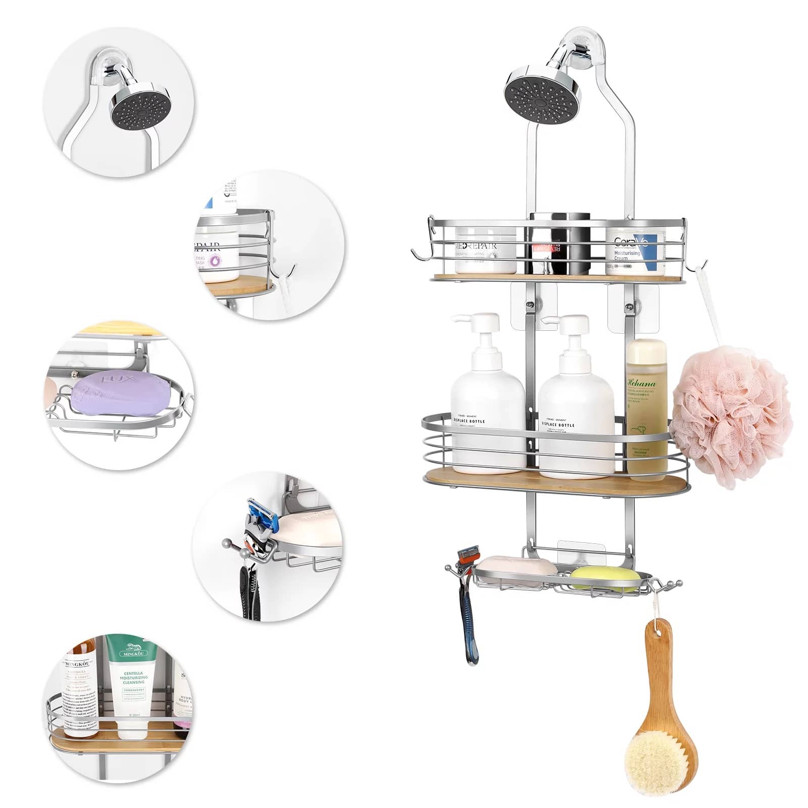 NEX™ Silver Stainless Steel & Bamboo Hanging Caddy Shower Organizer with Hooks