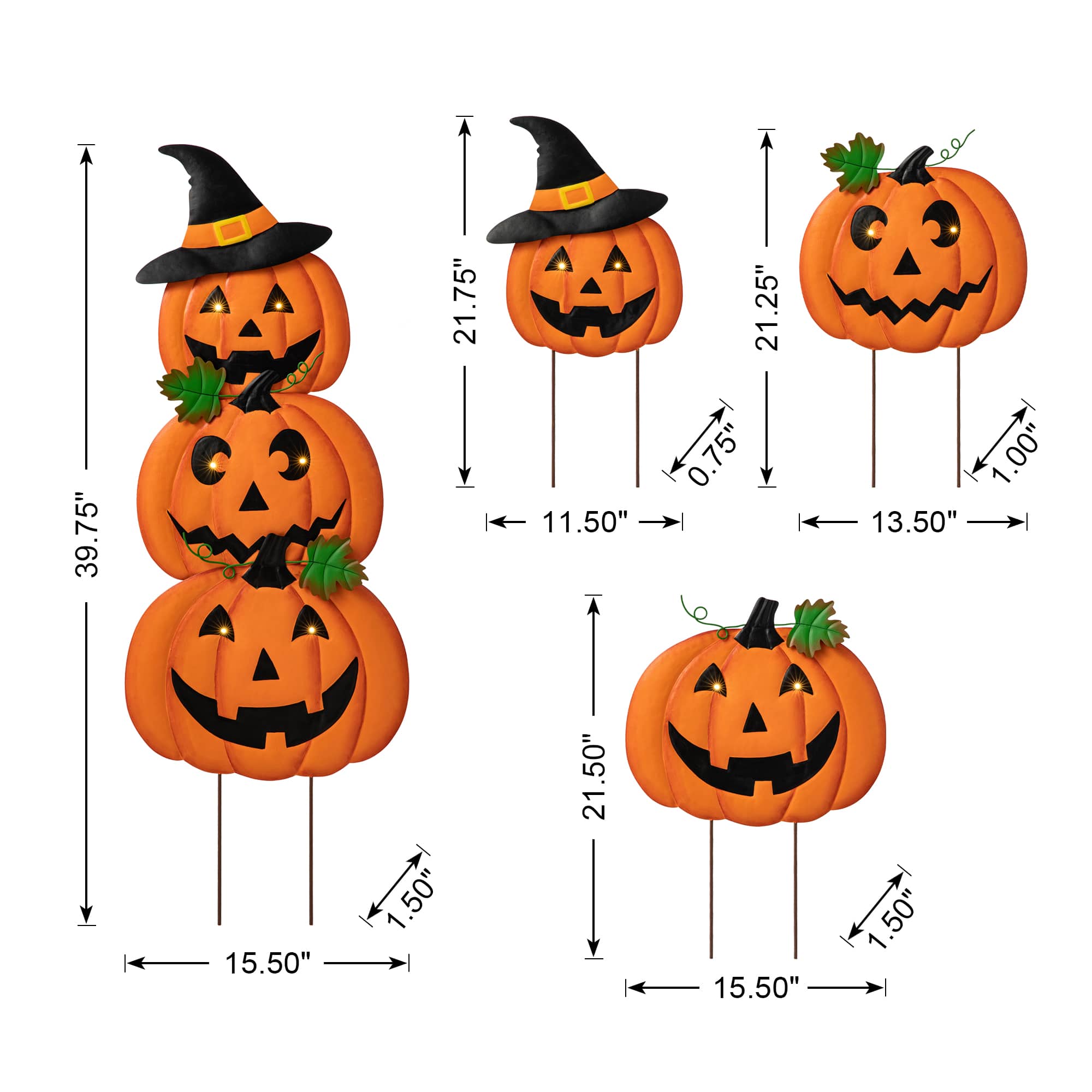 Glitzhome® 3.3ft. Halloween Lighted Metal Stacked Jack-O-Lantern Yard Stake Set with Timer
