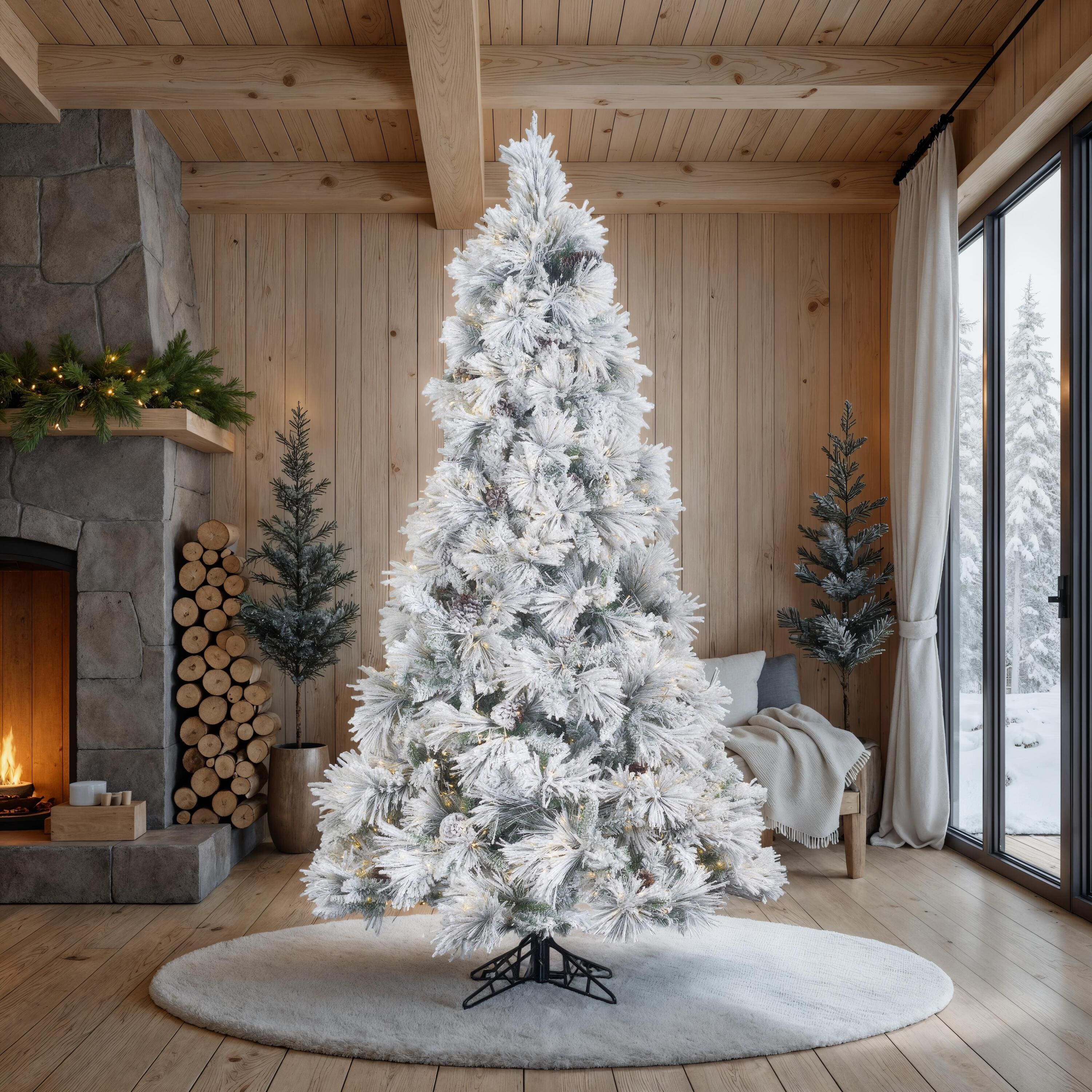 7.5ft. Pre-Lit Flocked Atka Artificial Christmas Tree, Warm White Wide Angle Low Voltage LED Lights