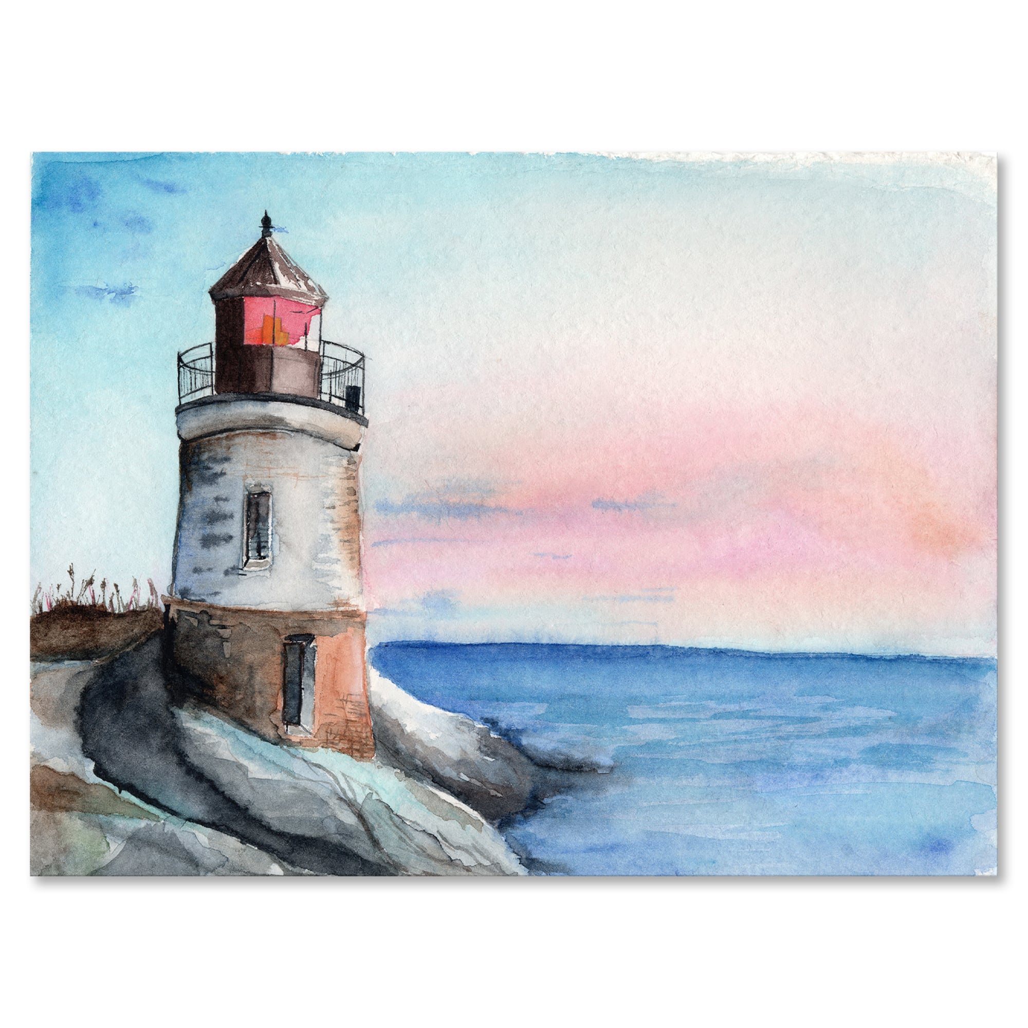 Designart - A Lighthouse On A Rock Shore In Early Morning - Nautical & Coastal Canvas Wall Art Print