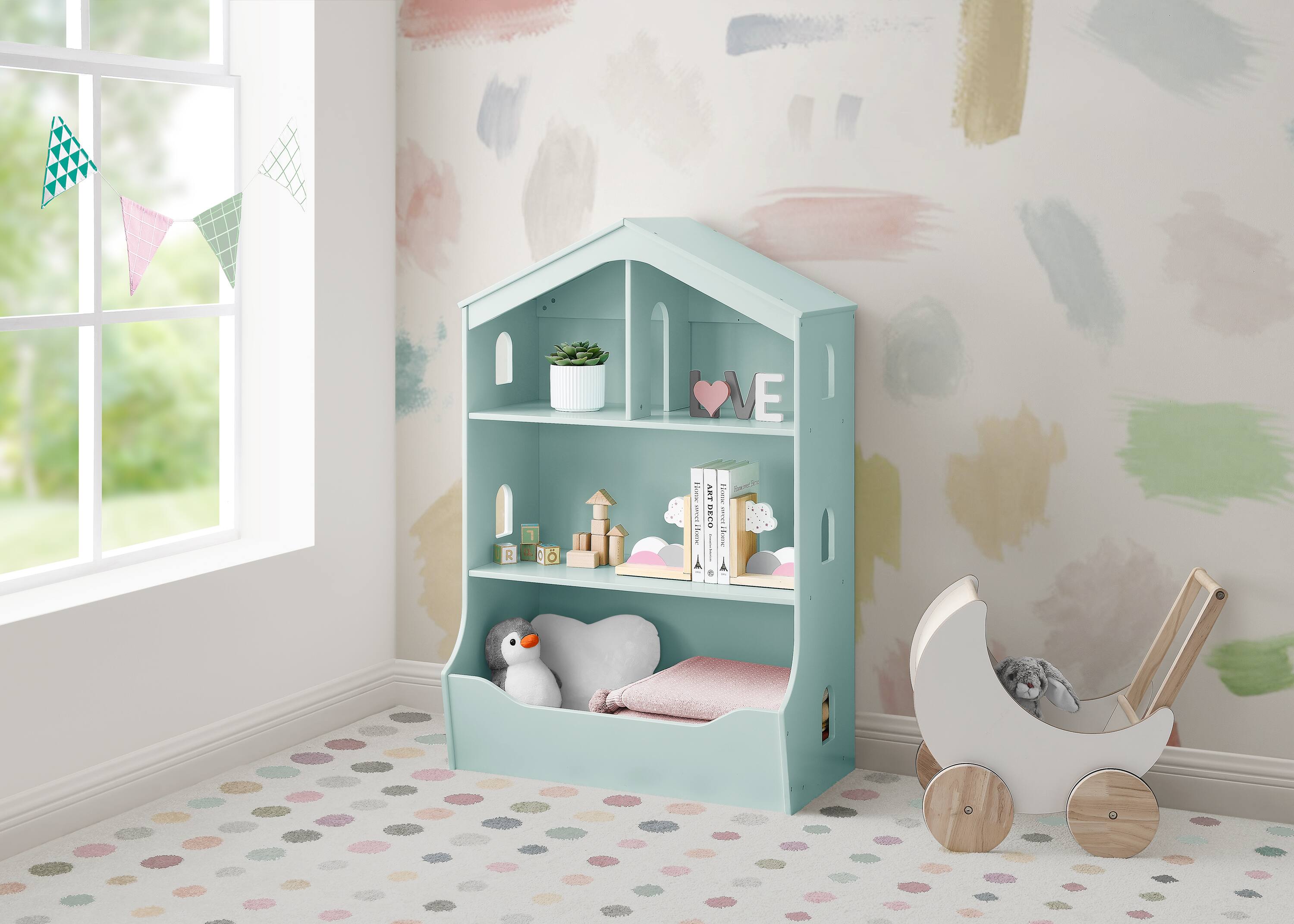 Delta Children Mint Playhouse Bookcase with Toy Storage