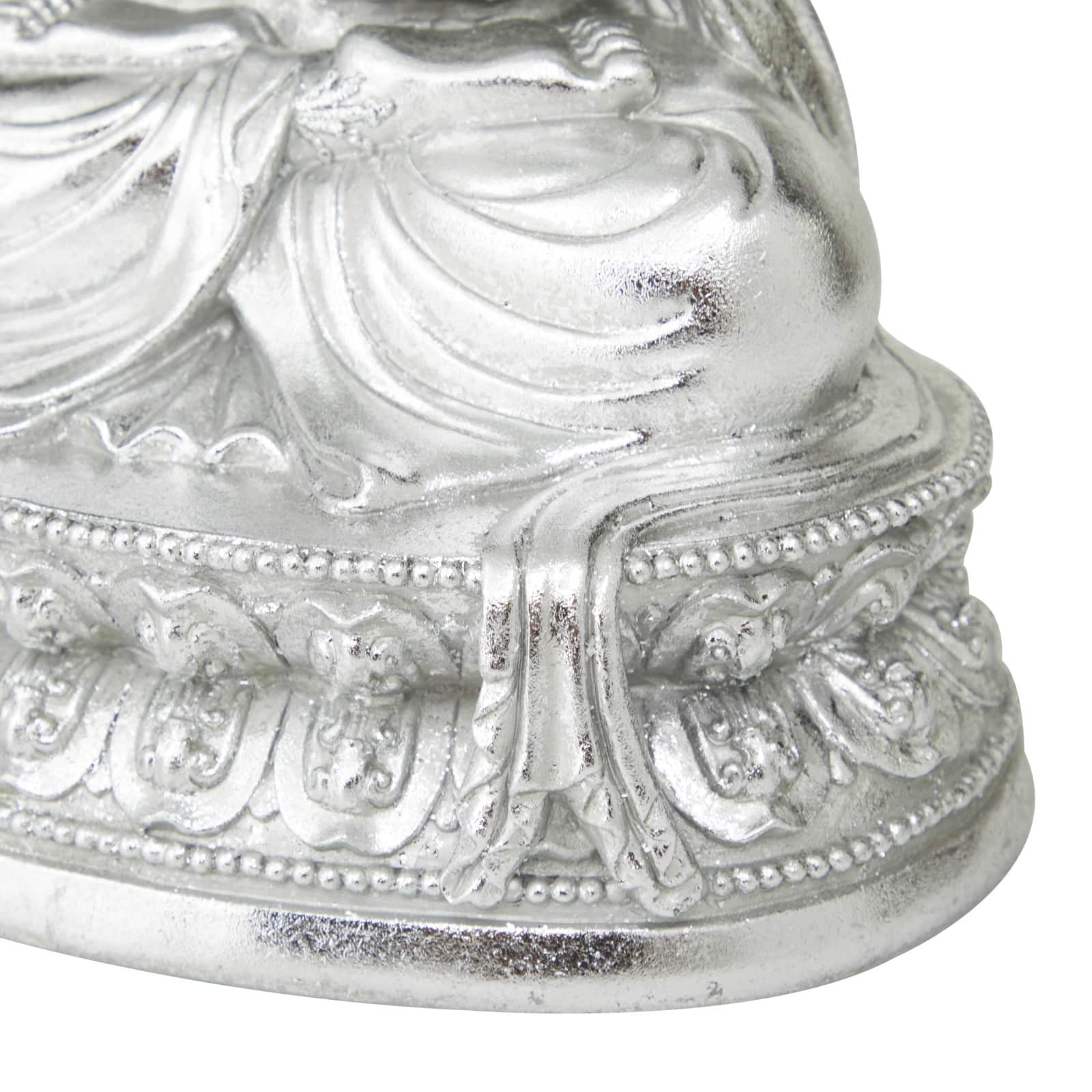 Silver Resin Bohemian Buddha Sculpture, 12" x 8" x 5"