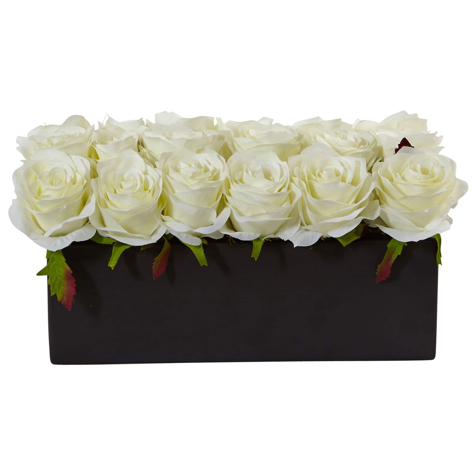 6" White Dozen Roses in Black Rectangular Ceramic Planter