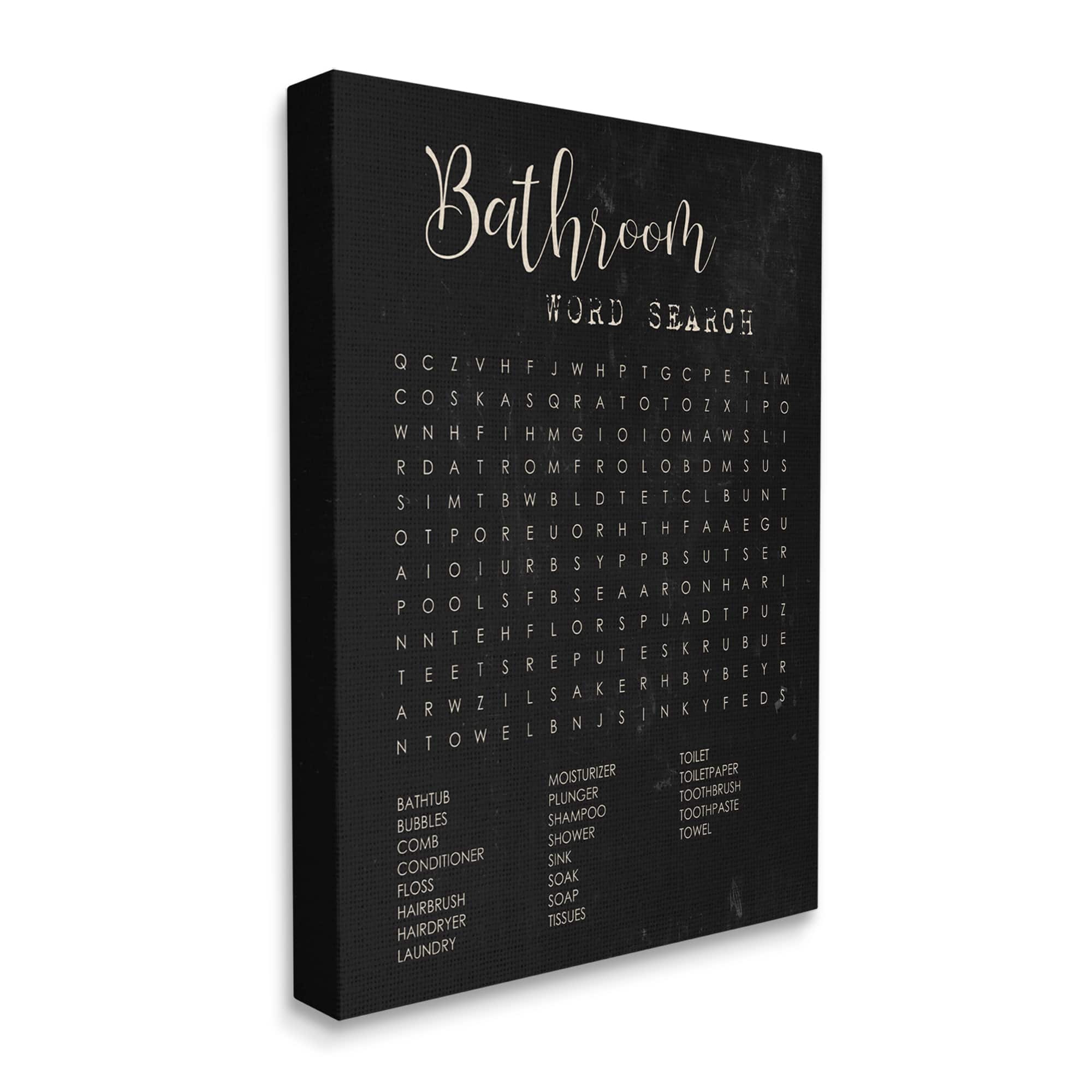 Stupell Industries Bathroom Word Search Activity over Distressed Black Canvas Wall Art