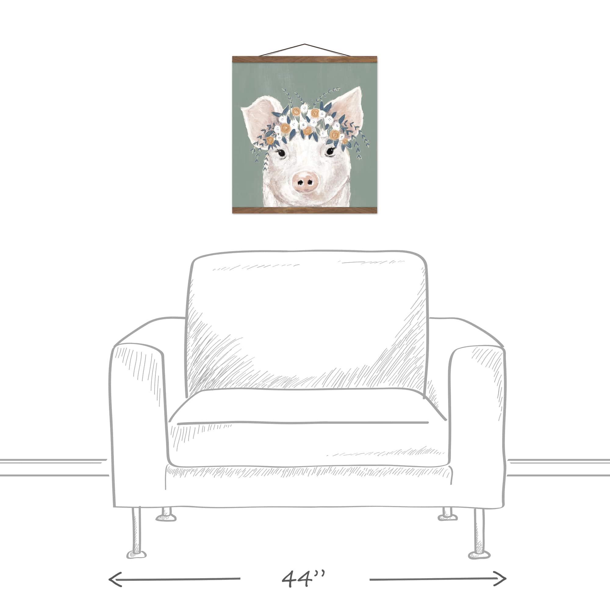 Pig With Flowers 16" x 16" Teak Hanging Canvas