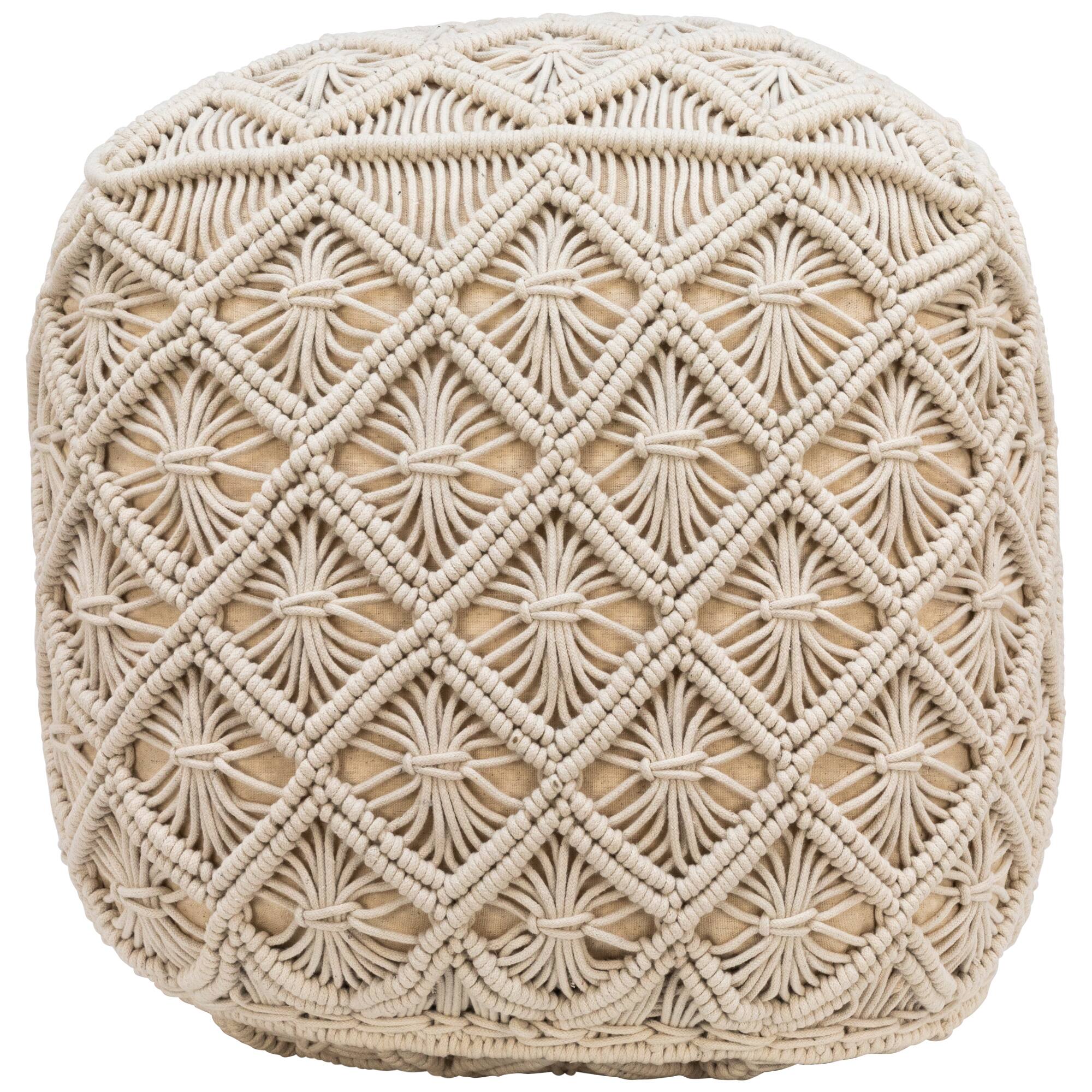 18" Beige Macramé Natural Cotton Square Pouf