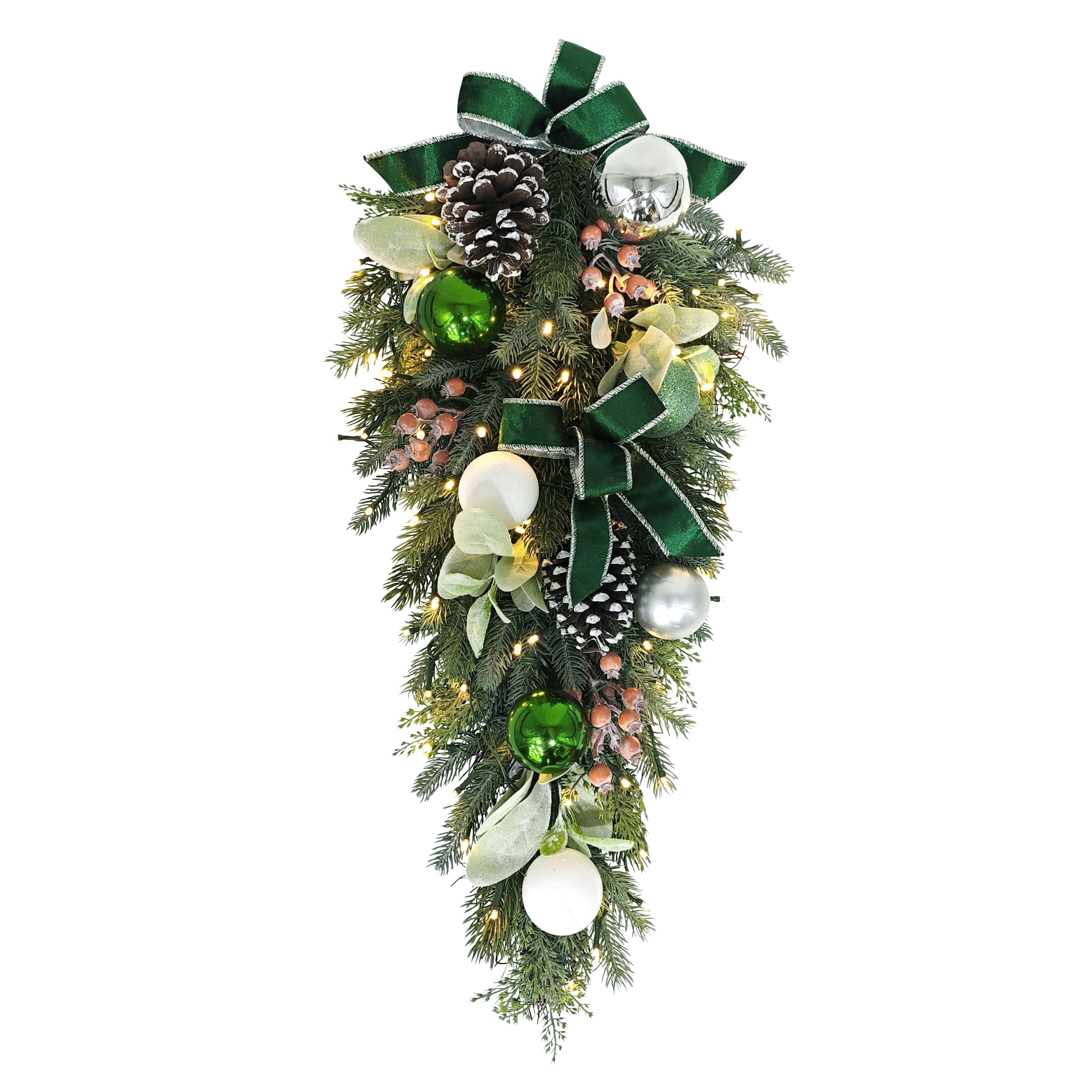 28" Pre-Lit Green & Silver Adorned Artificial Swag