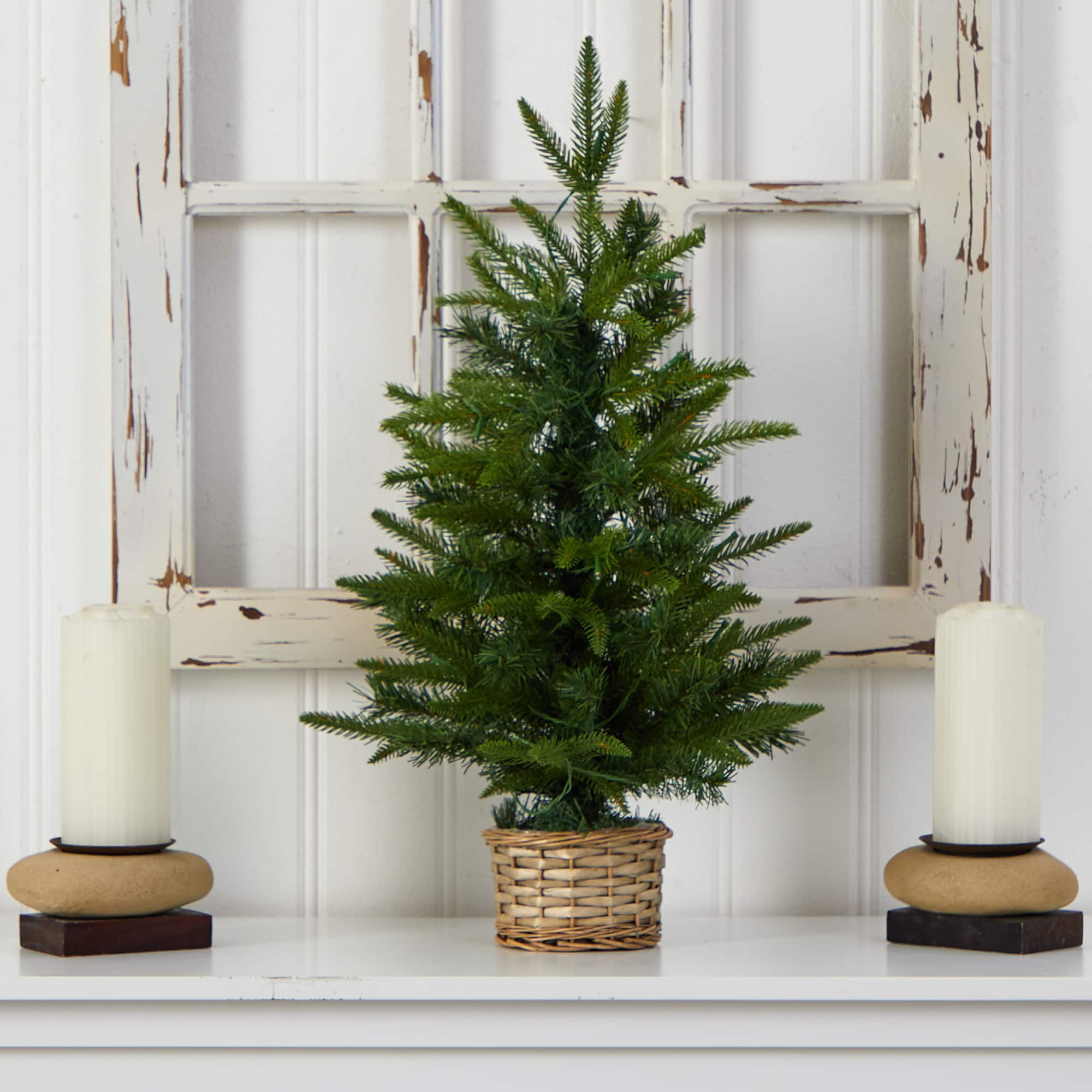 2ft. Pre-Lit Artificial Christmas Tree in Decorative Basket, Clear LED Lights