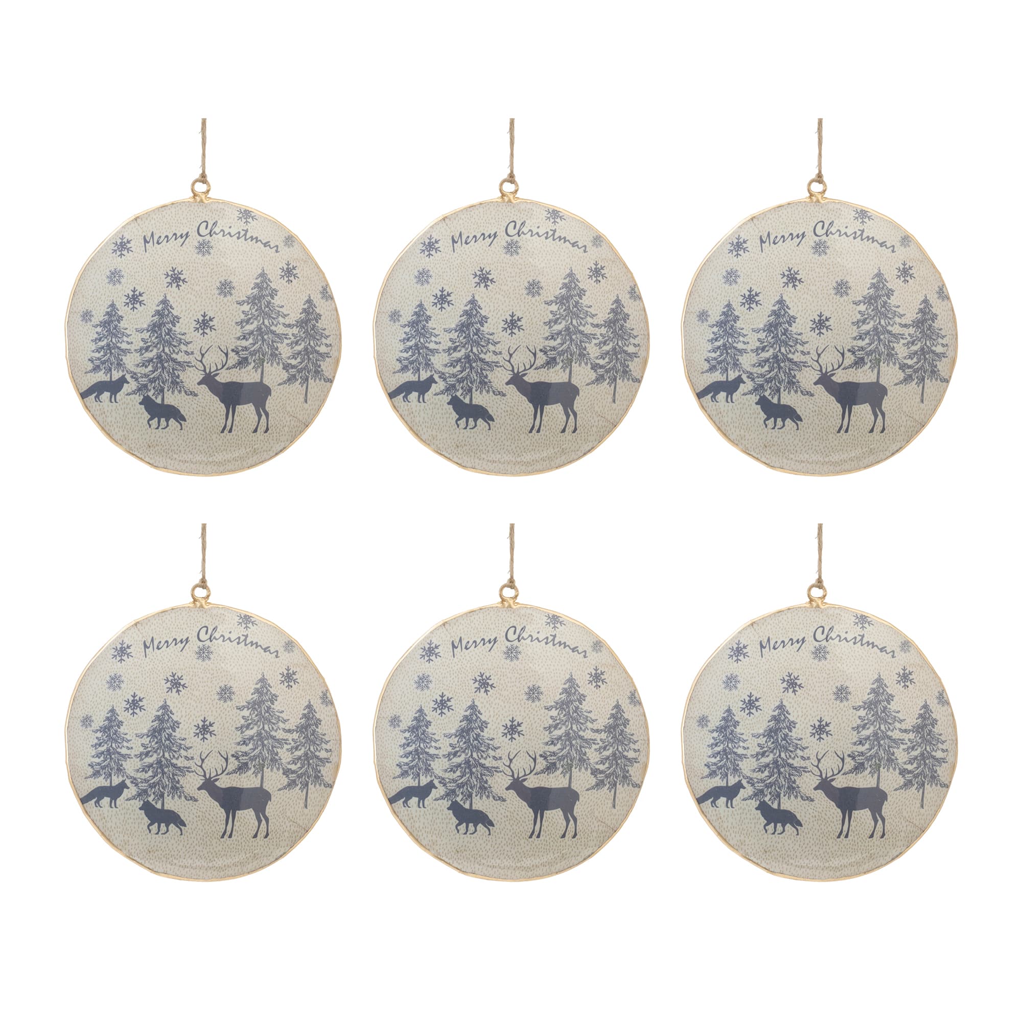 6" Metal Woodland Animal Merry Christmas Disc Ornaments, 6ct.