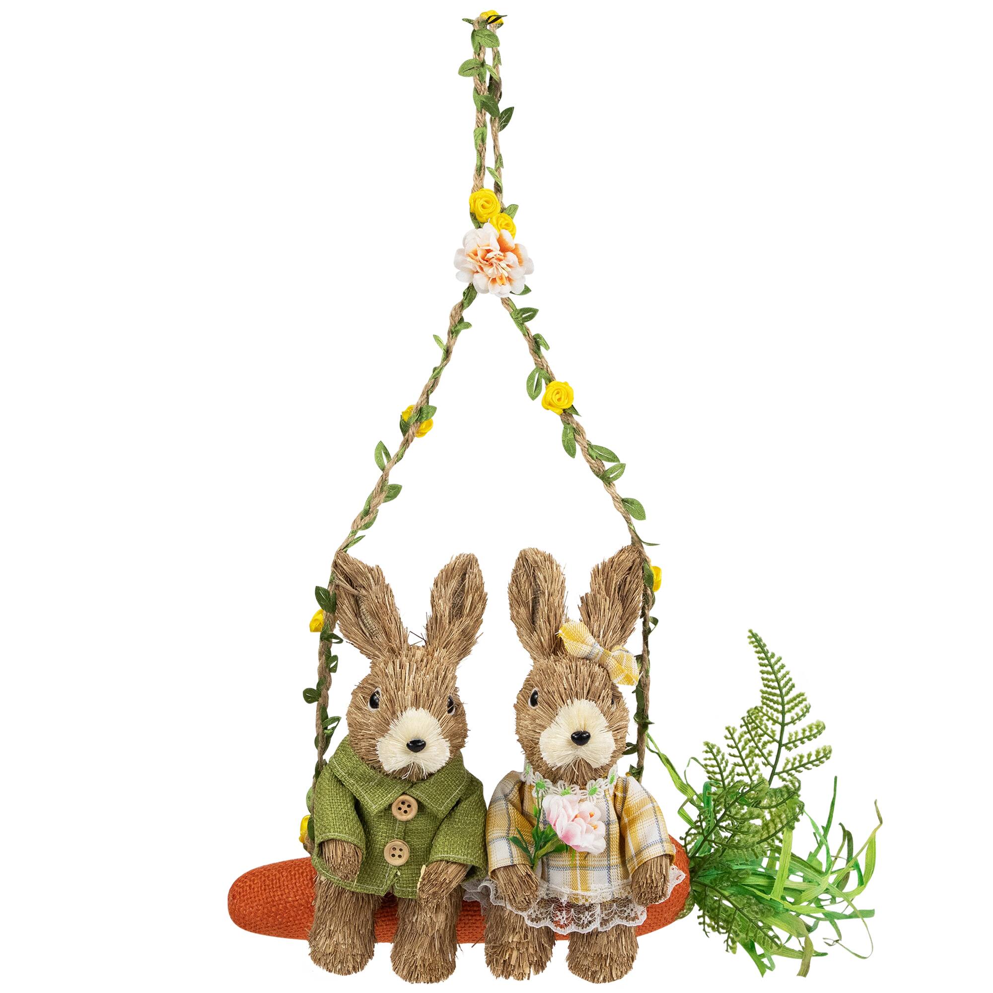 17" Rabbits on Carrot-Shaped Swing Easter Hanging Décor