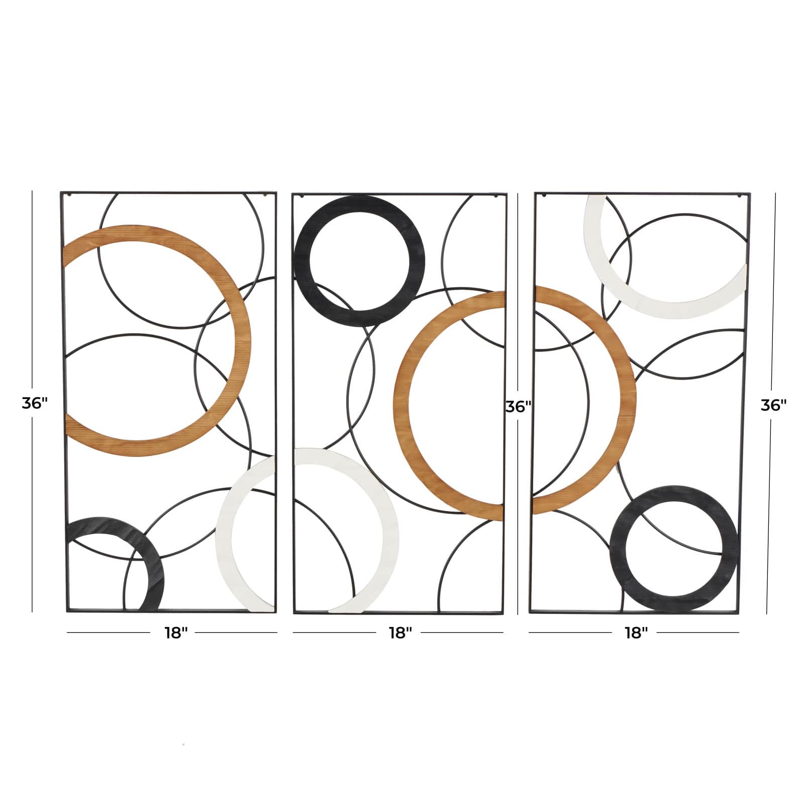 18" x 36" Black Metal Abstract with Brown & White Wooden Accent Home Wall Décor, 3ct.
