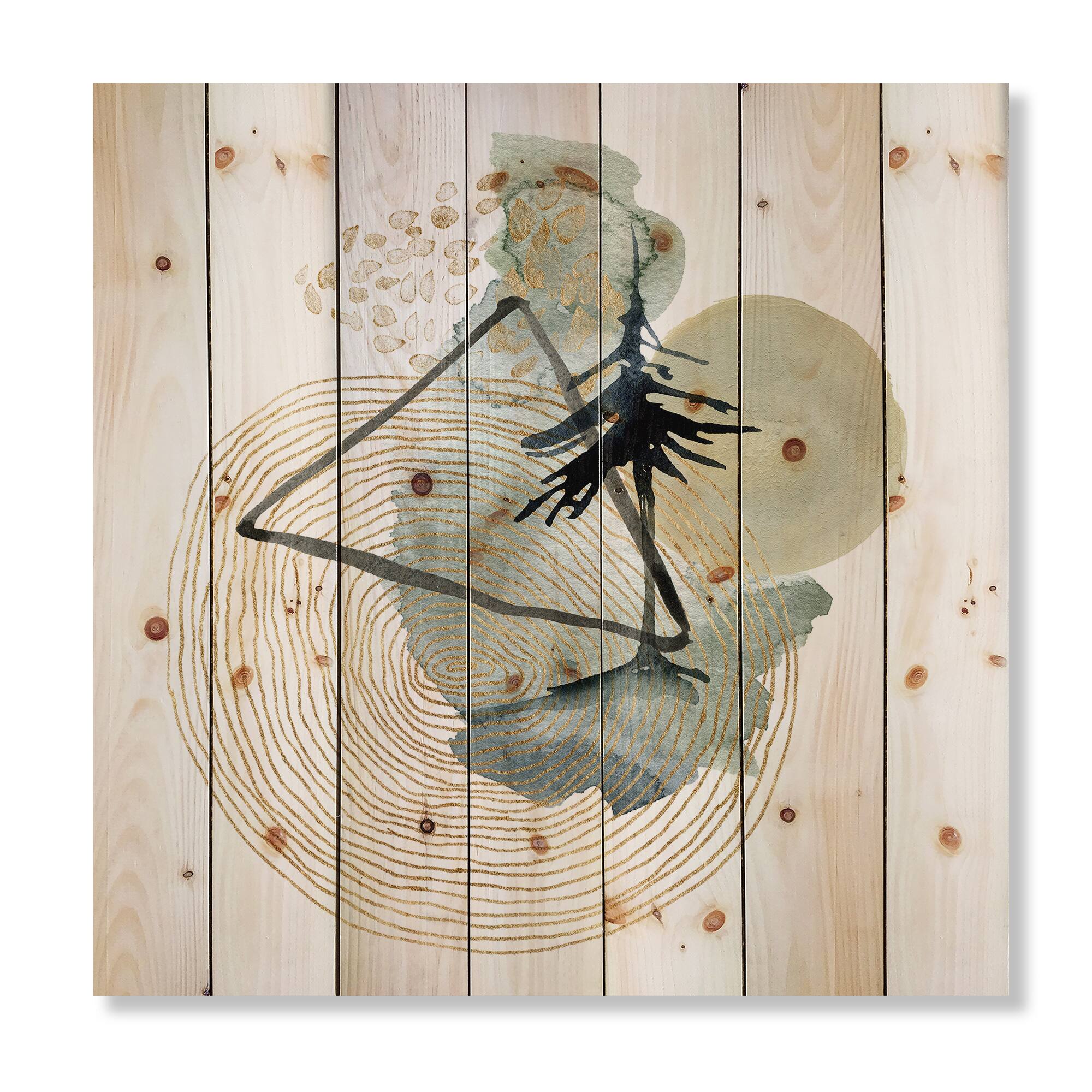 Designart - Abstract Landscape Of Mountains Moon and Tree - Mid-Century Modern Print on Natural Pine Wood
