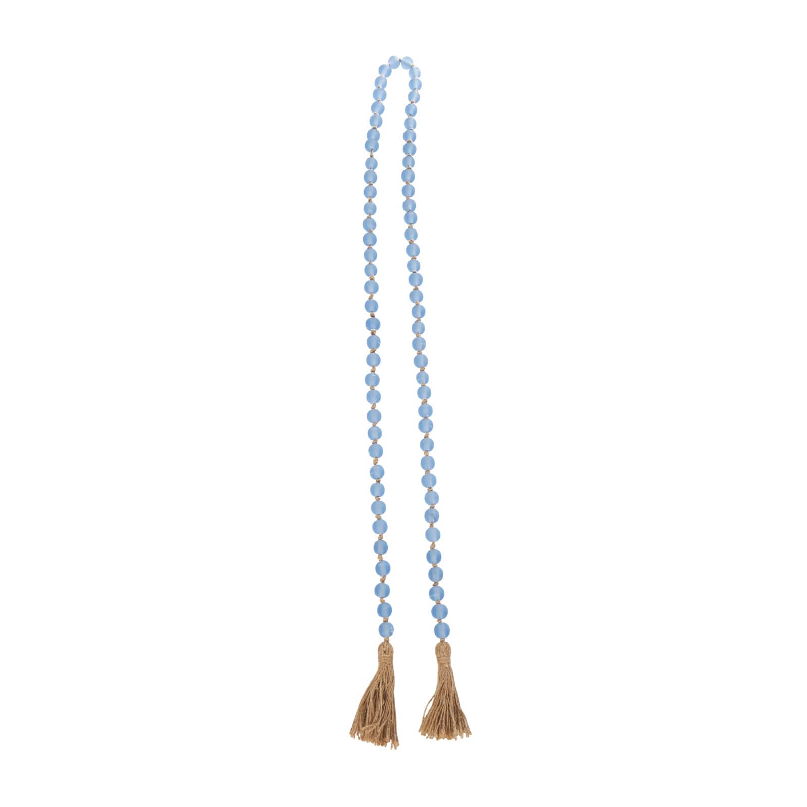 Light Blue Handmade Frosted Glass Beaded Garland with Tassel and Knotted Brown Jute