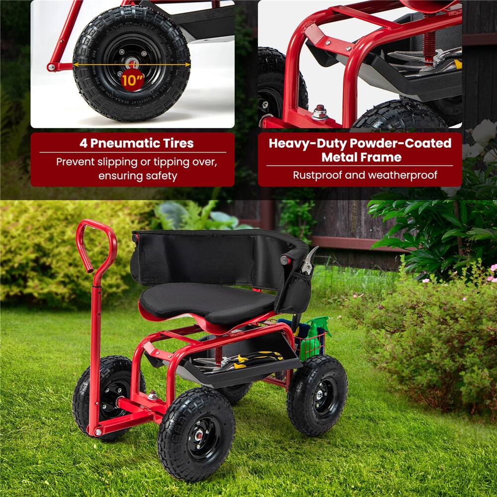 Costway Height-Adjustable Rolling Garden Cart Scooter with Swivel Seat