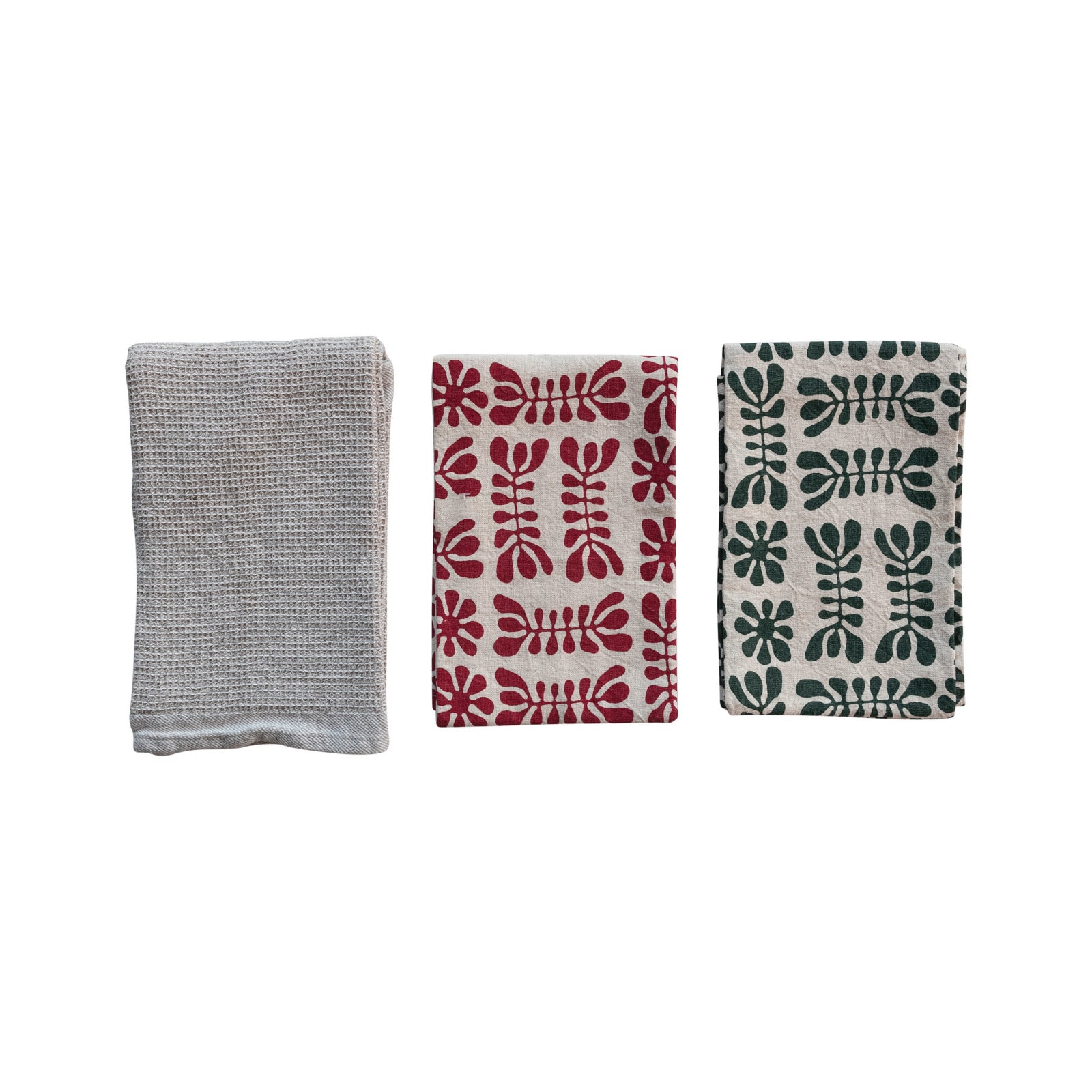 Hello Honey® Red, Green & White Printed Waffle Weave Stonewashed Cotton Tea Towels, 3ct.