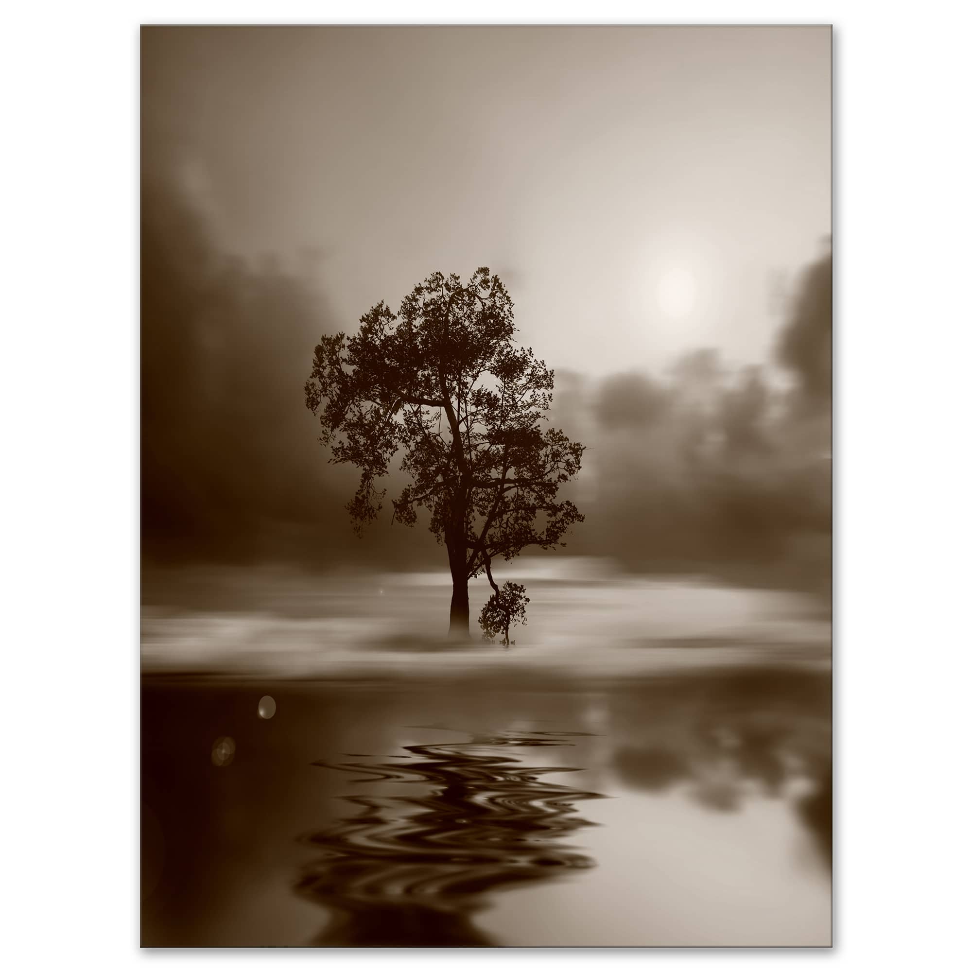 Designart - Alone Tree on Island in Sepia - Extra Large Wall Art Landscape