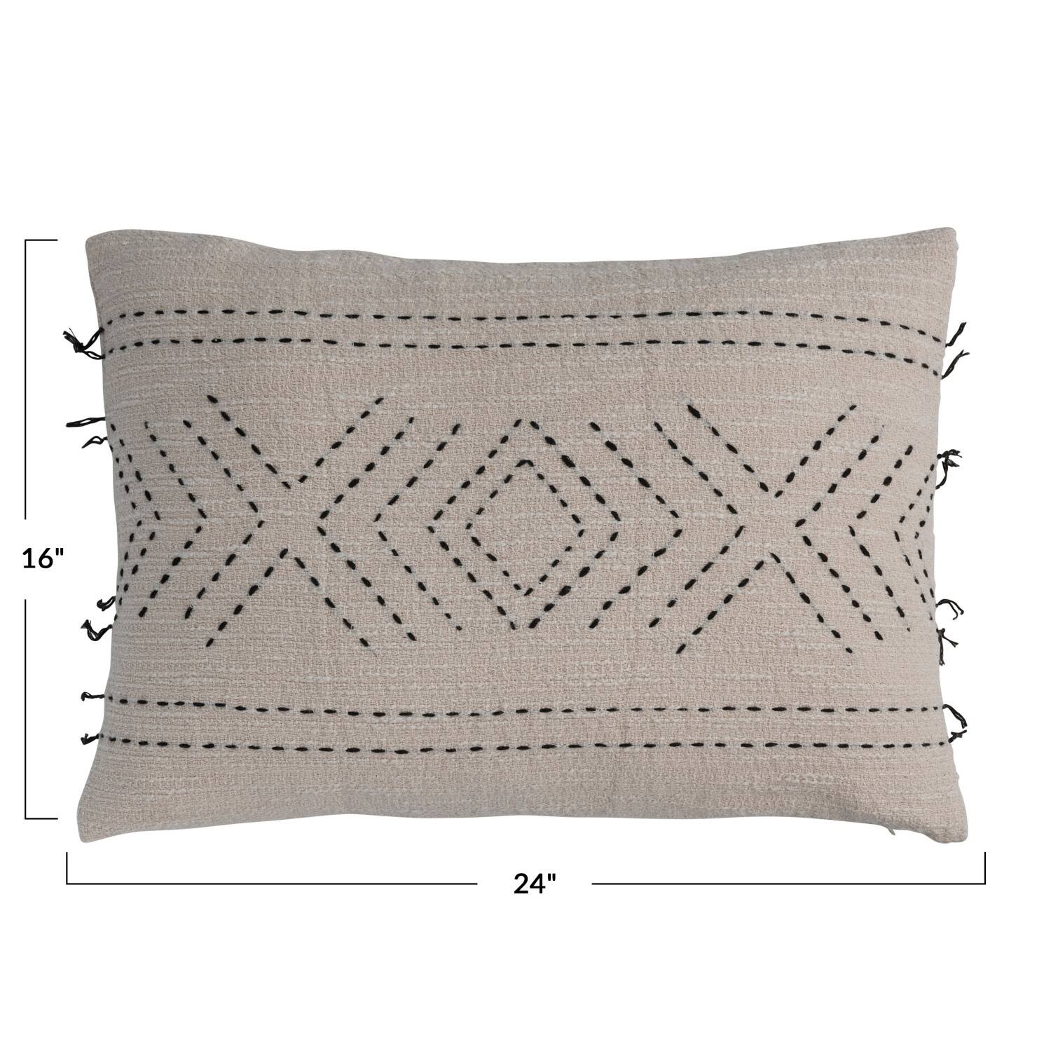 Hello Honey® Natural & Black Hand-Embroidered Cotton Lumbar Pillow with Kantha Stitch