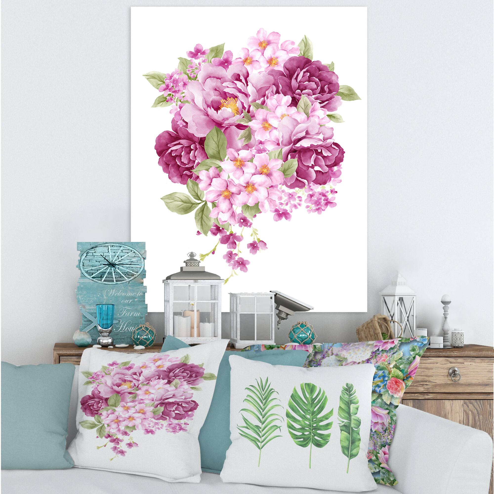 Designart - Pink Retro Flowers - Traditional Canvas Wall Art Print