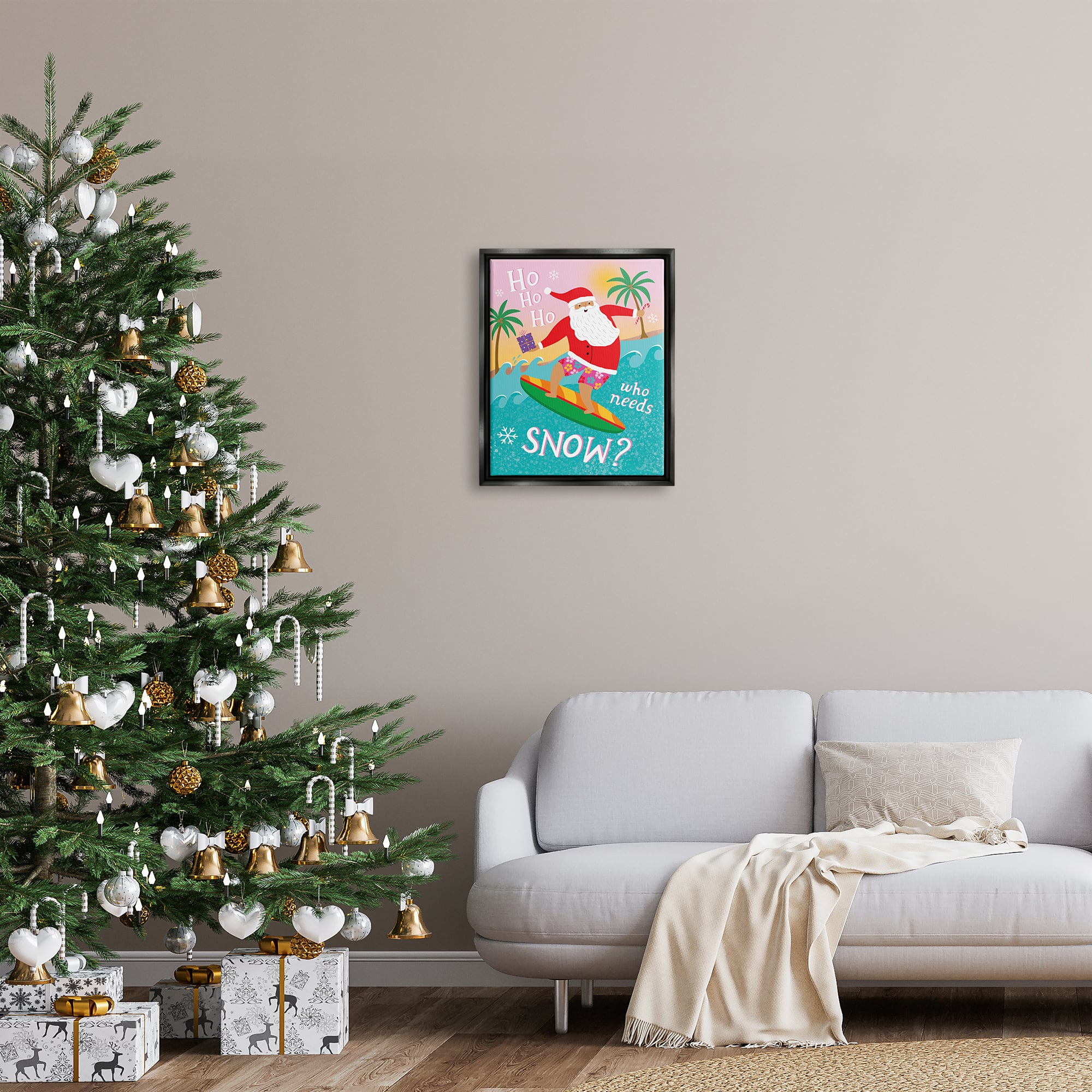 Stupell Industries Who Needs Snow Surfing Santa Framed Floater Canvas Wall Art