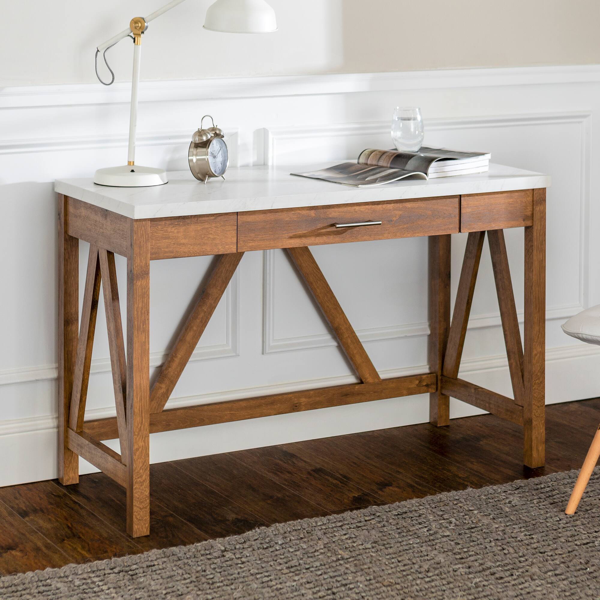 Walker Edison 46" Natural Walnut/Faux White Marble A Frame Wood Computer Desk with Drawer