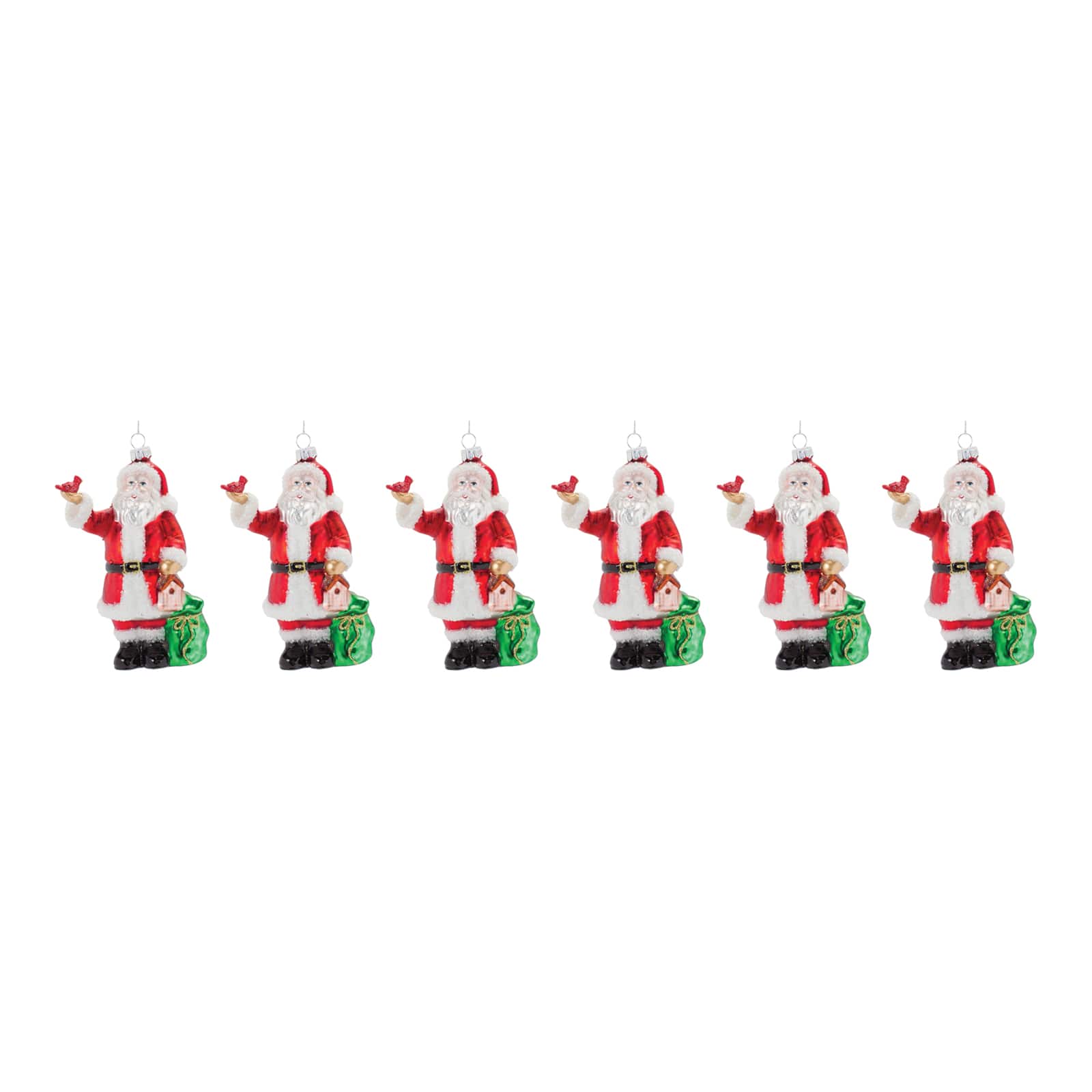 6ct. Red & White Glass Santa with Cardinal Bird Ornaments