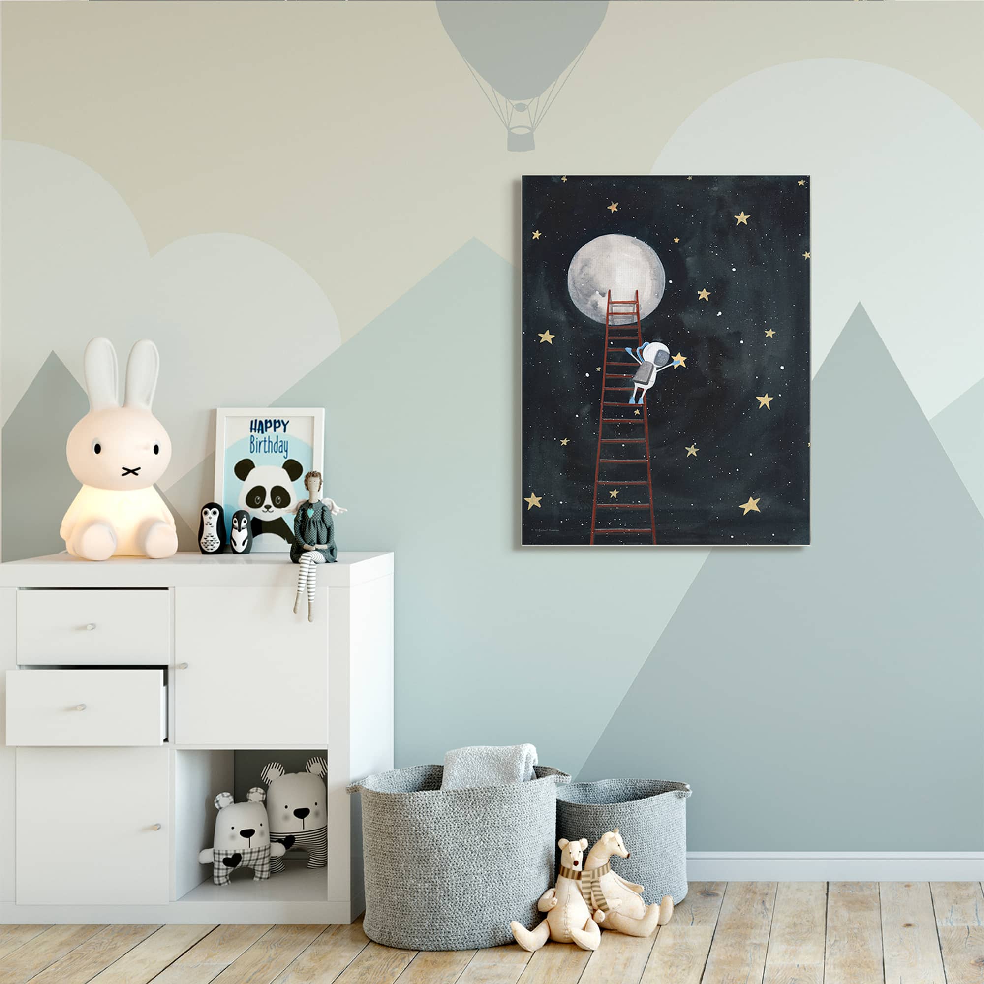 Stupell Industries Astronaut Hanging Stars Outer Space Ladder to Moon Canvas Wall Art
