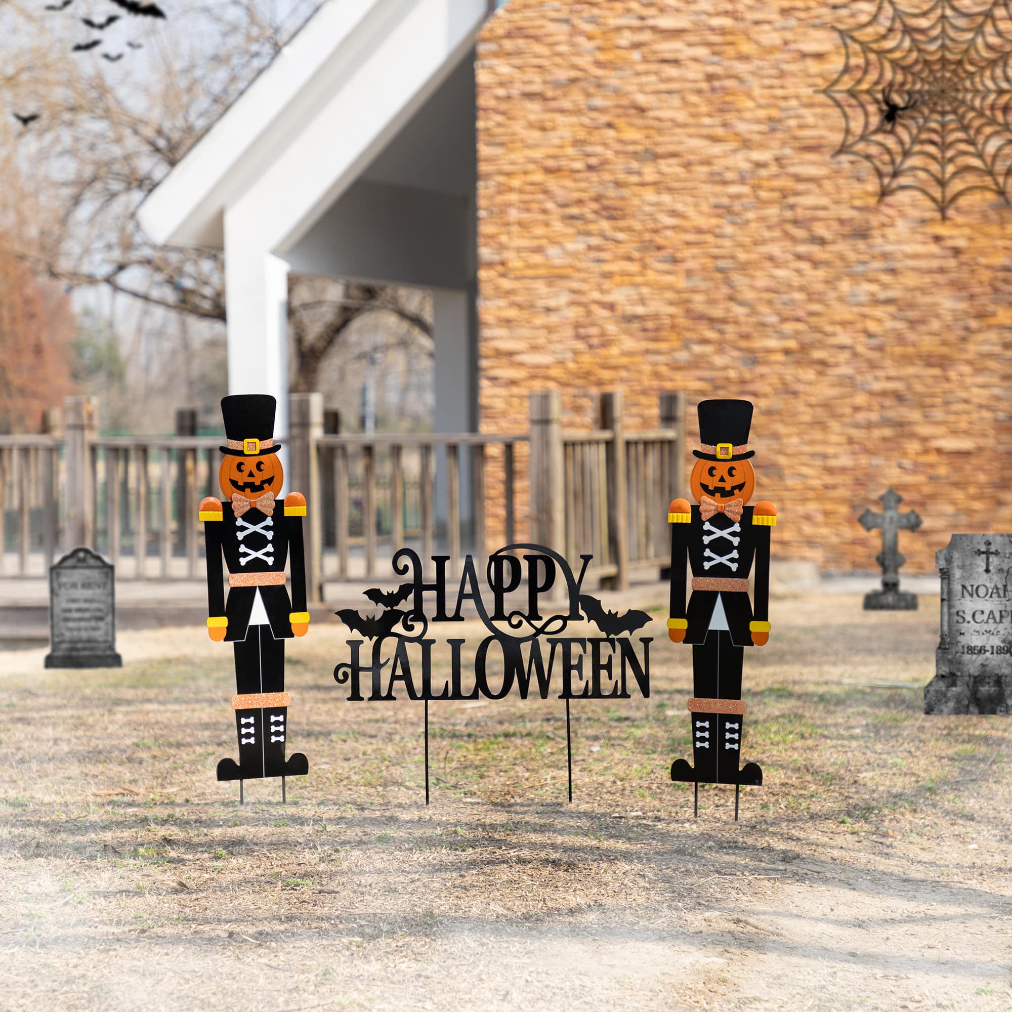 Glitzhome® 32"H Halloween Metal Nutcracker and HAPPY HALLOWEEN Yard Stake Set